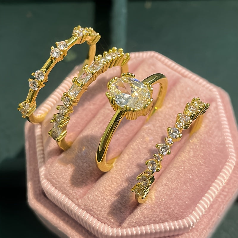 4pcs/Set Elegant Stacking Rings With Sparkling Fake Zirconia Teardrops And Rectangular Symbols, Symbolizing Romance And Prestige, For Everyday Wear, And Perfect Gift For Spring Festival New Year