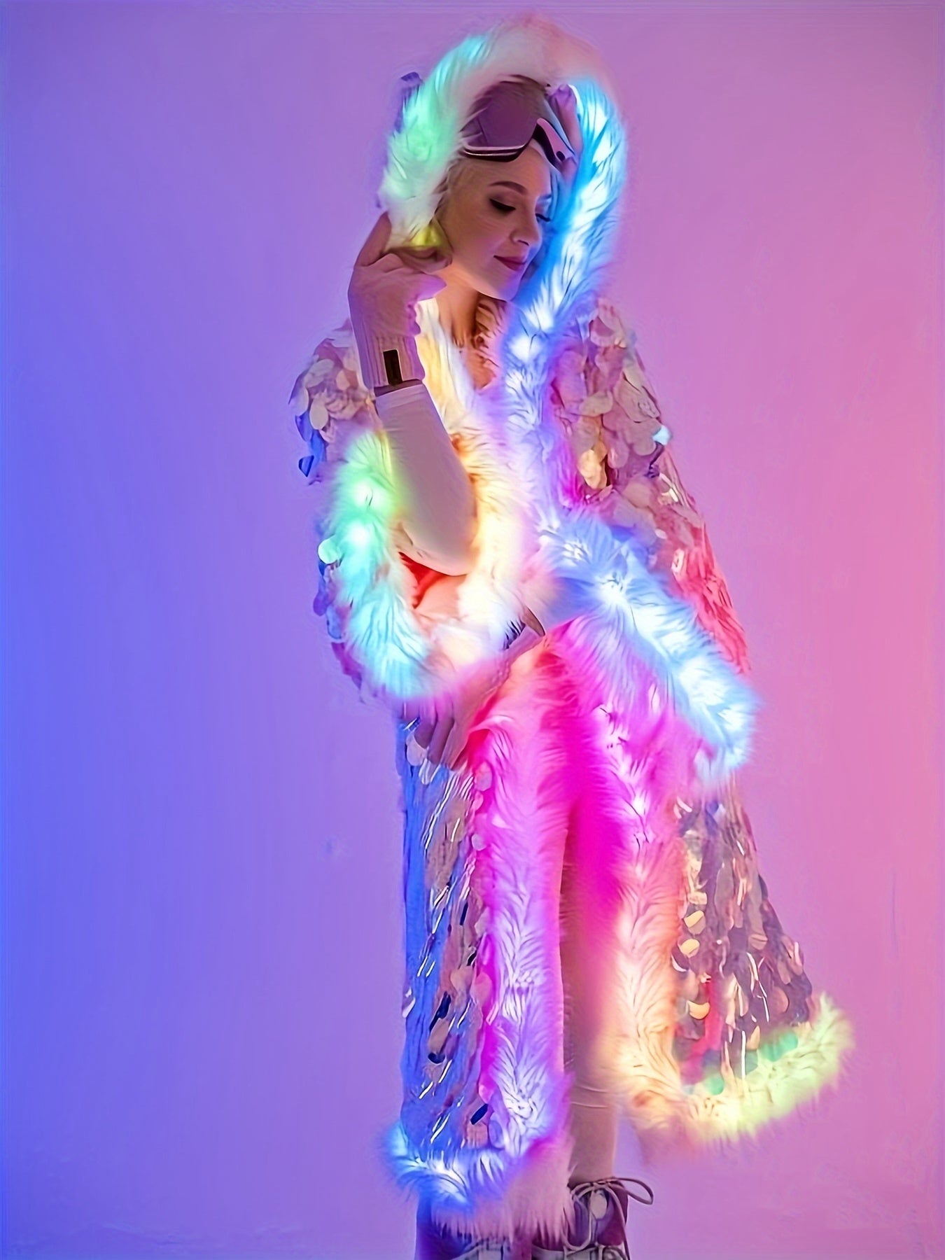 Women's LED Sequin Faux Fur Coat - Long Hooded Festival & Cosplay Outfit, USB-Powered, Flare Sleeves, Mermaid Tail Design, Vibrant Pink to Blue Gradient (Batteries Not Included), Cosplay Costume | Sequin Embellished | LED Lit