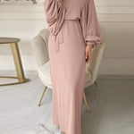 Women'S Long Dress, Solid Color, Round Neck, Lantern Sleeve, Abaya, Modern Arabic Style, Casual Dress with Belt, Polyester Fabric, 100g/m², for Adult, All Season