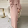 Women'S Long Dress, Solid Color, Round Neck, Lantern Sleeve, Abaya, Modern Arabic Style, Casual Dress with Belt, Polyester Fabric, 100g/m², for Adult, All Season
