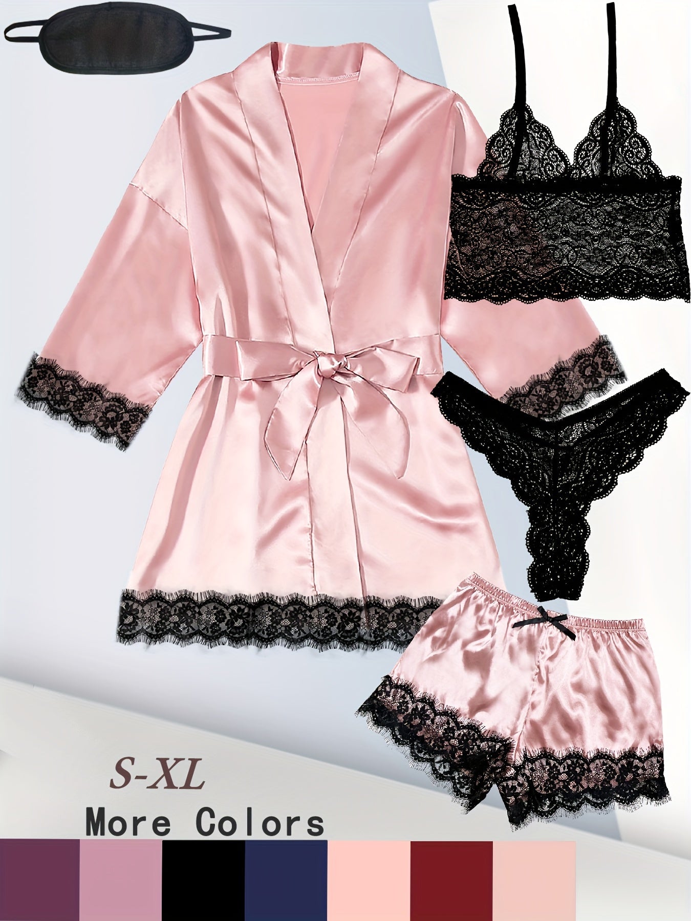 Women's Plus Sexy Lounge Set - Plus Size Satin Contrast Eyelash Lace Belted Nightgown & Camisole & Panty & Shorts With Free Eye Mask - For Women - Perfect for Lounging & Sleepwear - Ideal Gift for Her