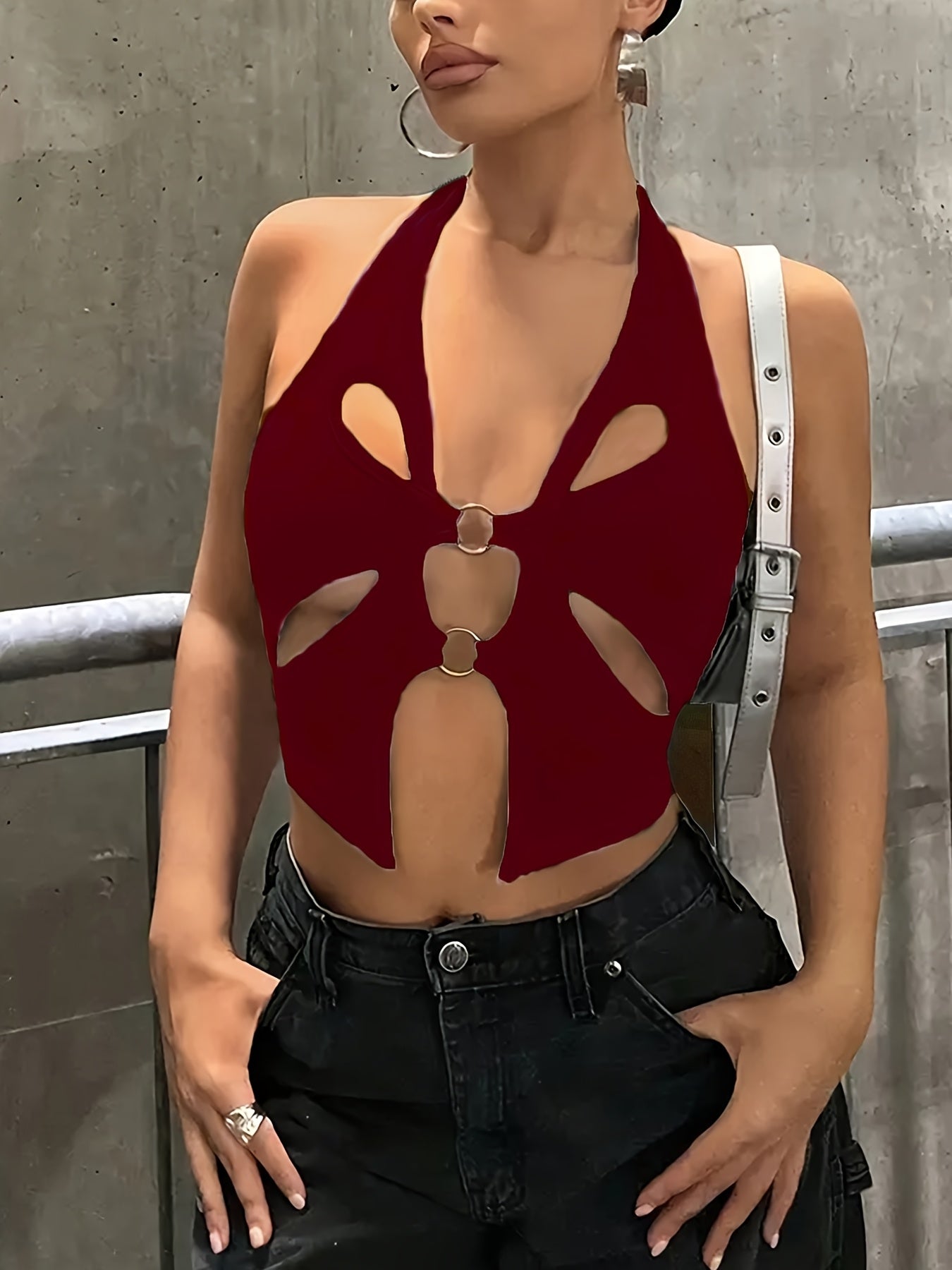 Sexy Backless Halter Neck Tank Top for Women - Sleeveless Cut-Out Design, High Stretch Polyester Fabric, Machine Washable, Perfect for Evening Outfits