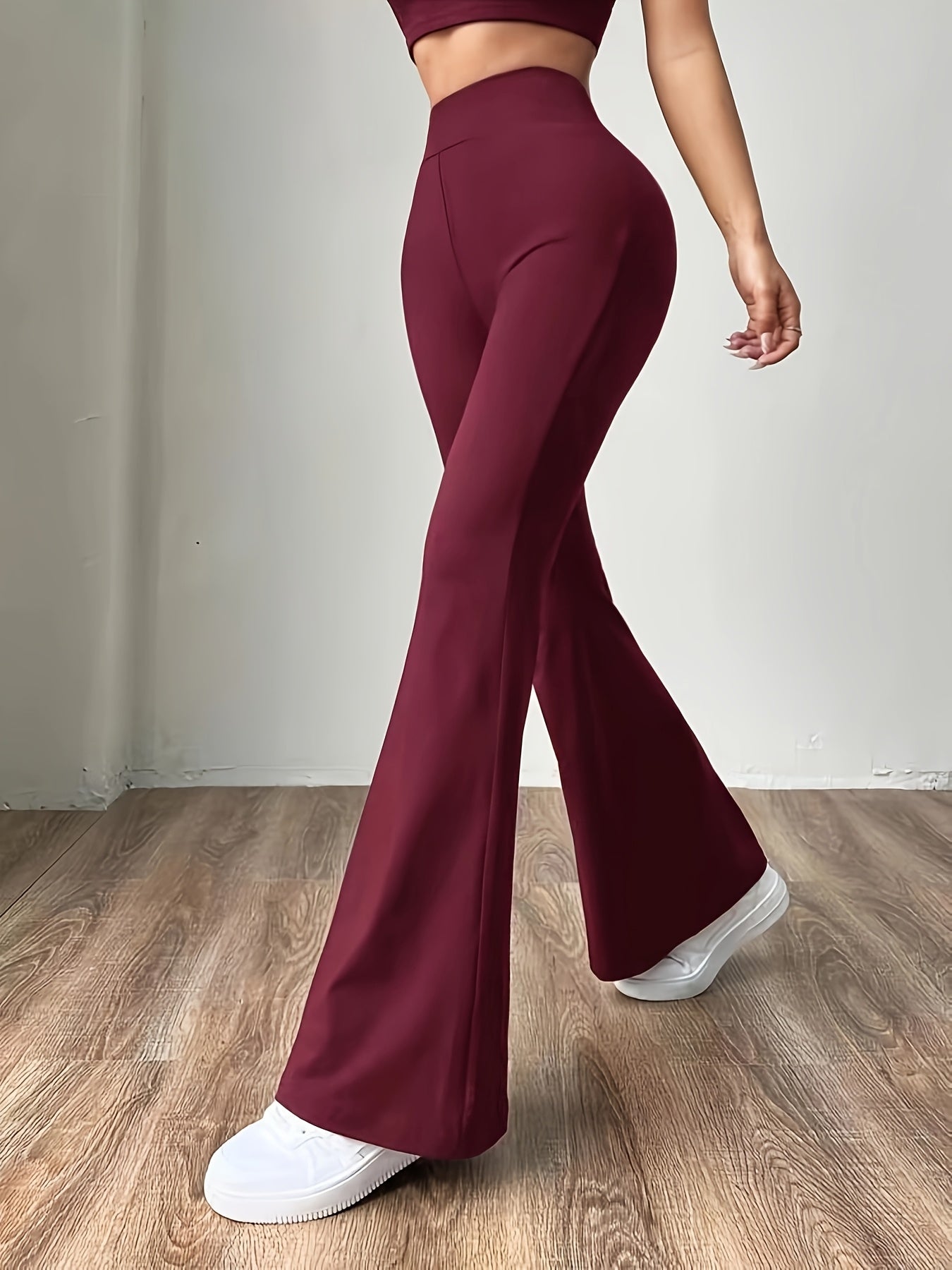 Women's High-Waisted Flare Pants | Burgundy Polyester-Spandex Blend | Stretchy, Non-Transparent | Machine Washable & Dry Clean Safe | Casual Style for All Seasons | Comfort Fit with Elastic Waistband, High Waisted Leggings