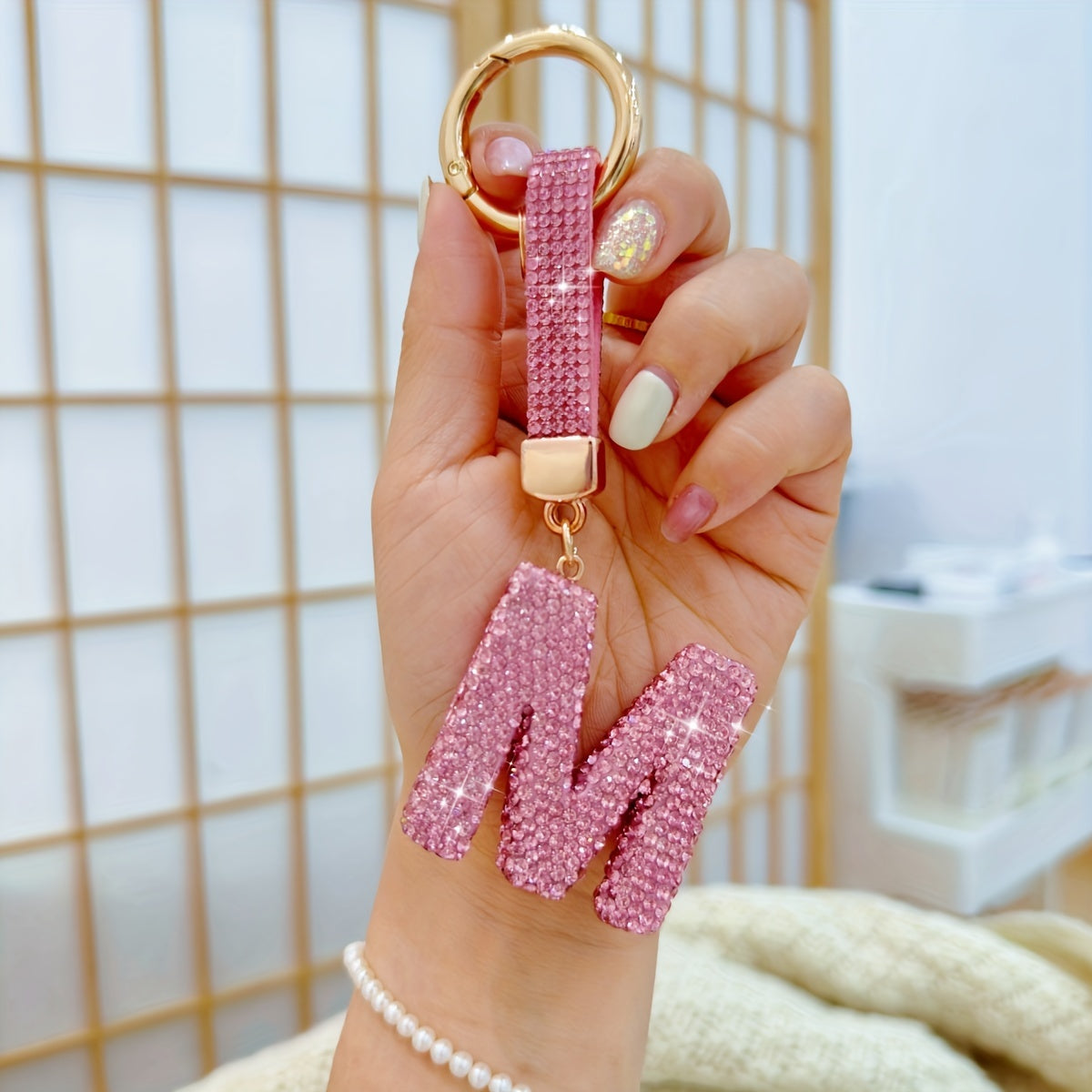 Alloy Rhinestone Alphabet Keychain, 1pc Pink Letter A-Z Charm Pendant, Shiny Key Ring Accessory for Decoration, Ring Buckle, Birthday Festival Gift for Women - Personalized Initial Keyring