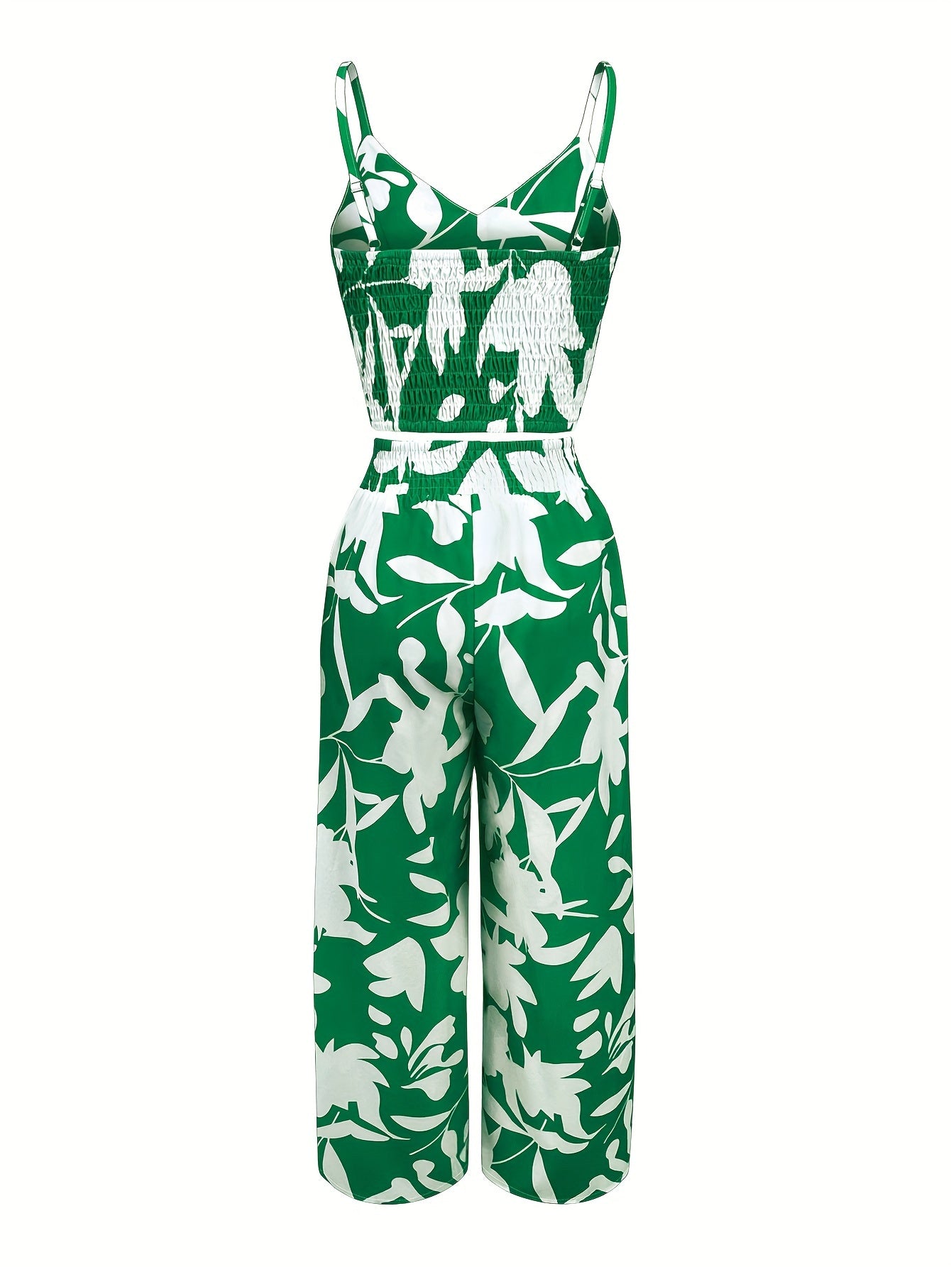 V Neck Backless Crop Cami Top & High Waist Wide Leg Tie Pants Leaf Print Casual Pantsuits, Women's Clothing