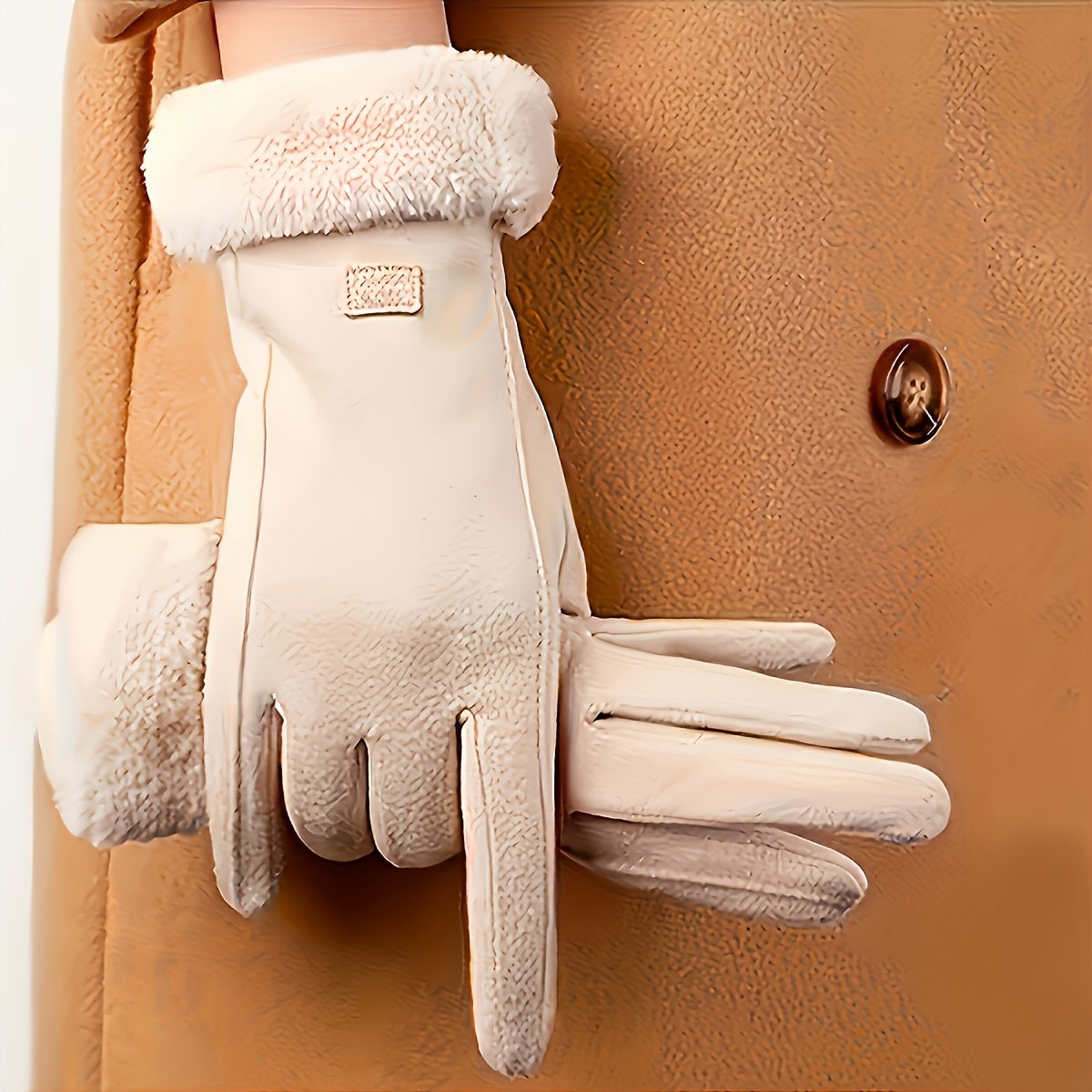 Women'S Beige Touchscreen Gloves - Thick Warm Plush Lined Full Finger Mittens for Winter, Knitted Polyester, Non-Stretch, Hand Washable, Ideal for Going Out