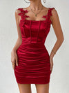 Elegant Off-Shoulder Ruched Bodycon Dress with Embroidered Appliques - Stretchy Polyester Blend, Machine Washable - Perfect for All Seasons, Pleated, Ladies