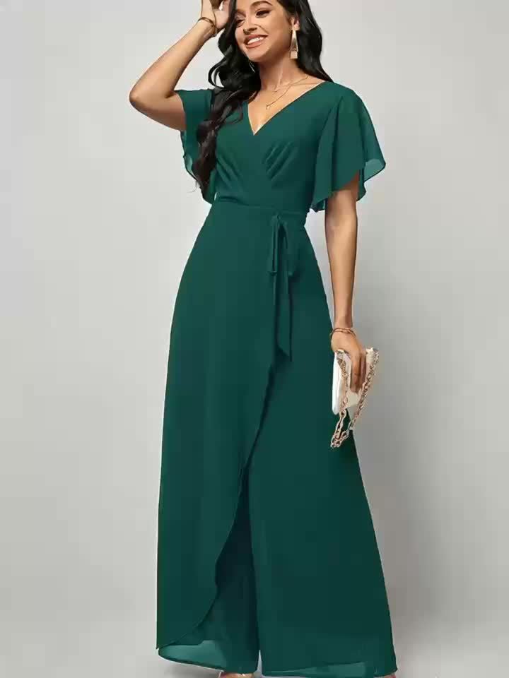 Elegant Green V-Neck Jumpsuit for Women - Solid Color, Wide Leg with Ruffle Sleeves & Tie Waist, Lightweight Polyester, Machine Washable - Perfect for Spring & Summer