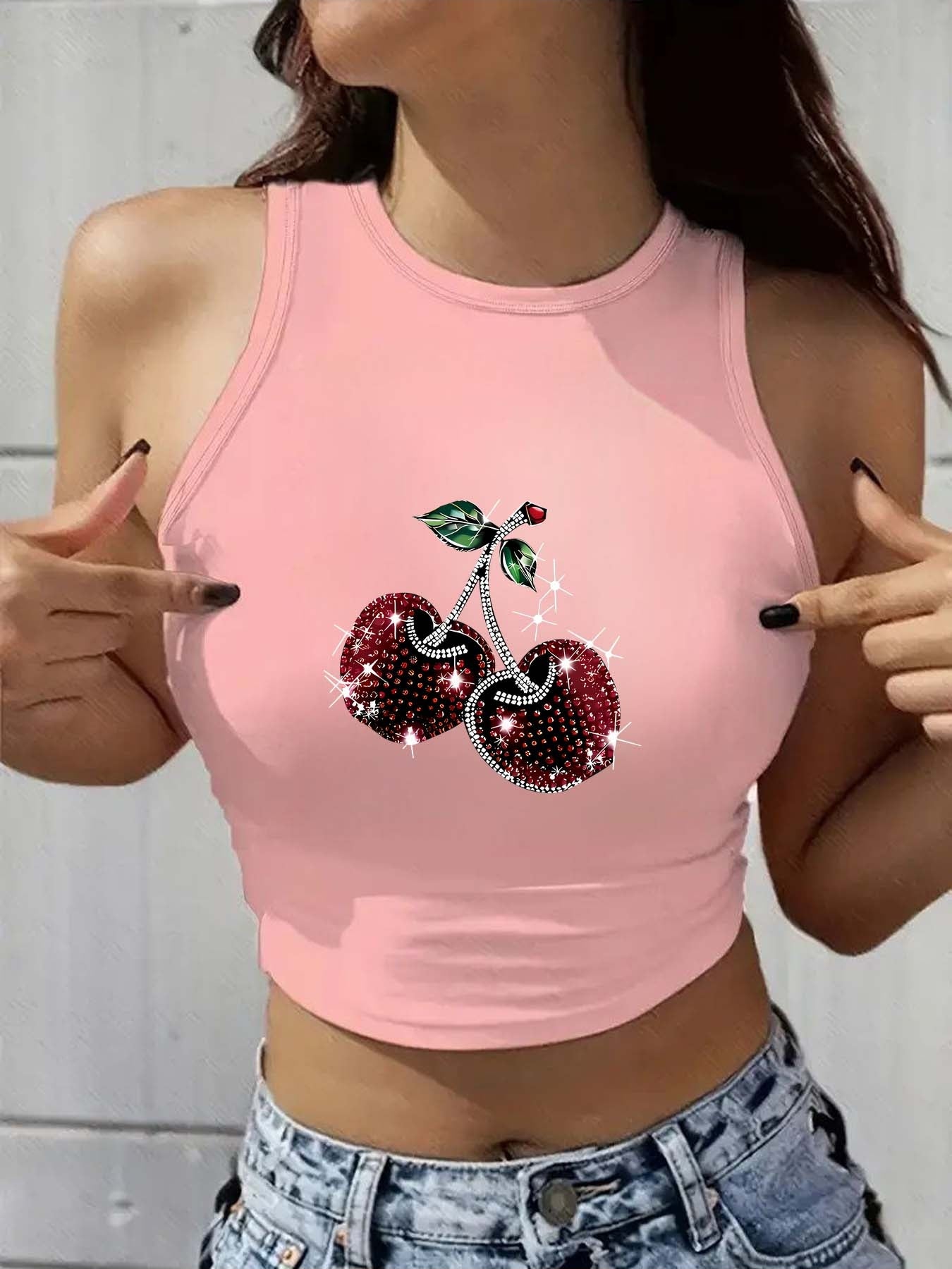 Ladies' Y2K Fashion Round Neck Sleeveless Tank Top, Trendy for Spring And Summer, Suitable for Street Style, Featuring Light Luxury Patterns And Prints. Ideal for Artistic Women, Commuting, Work Attire, Festive Parties, with