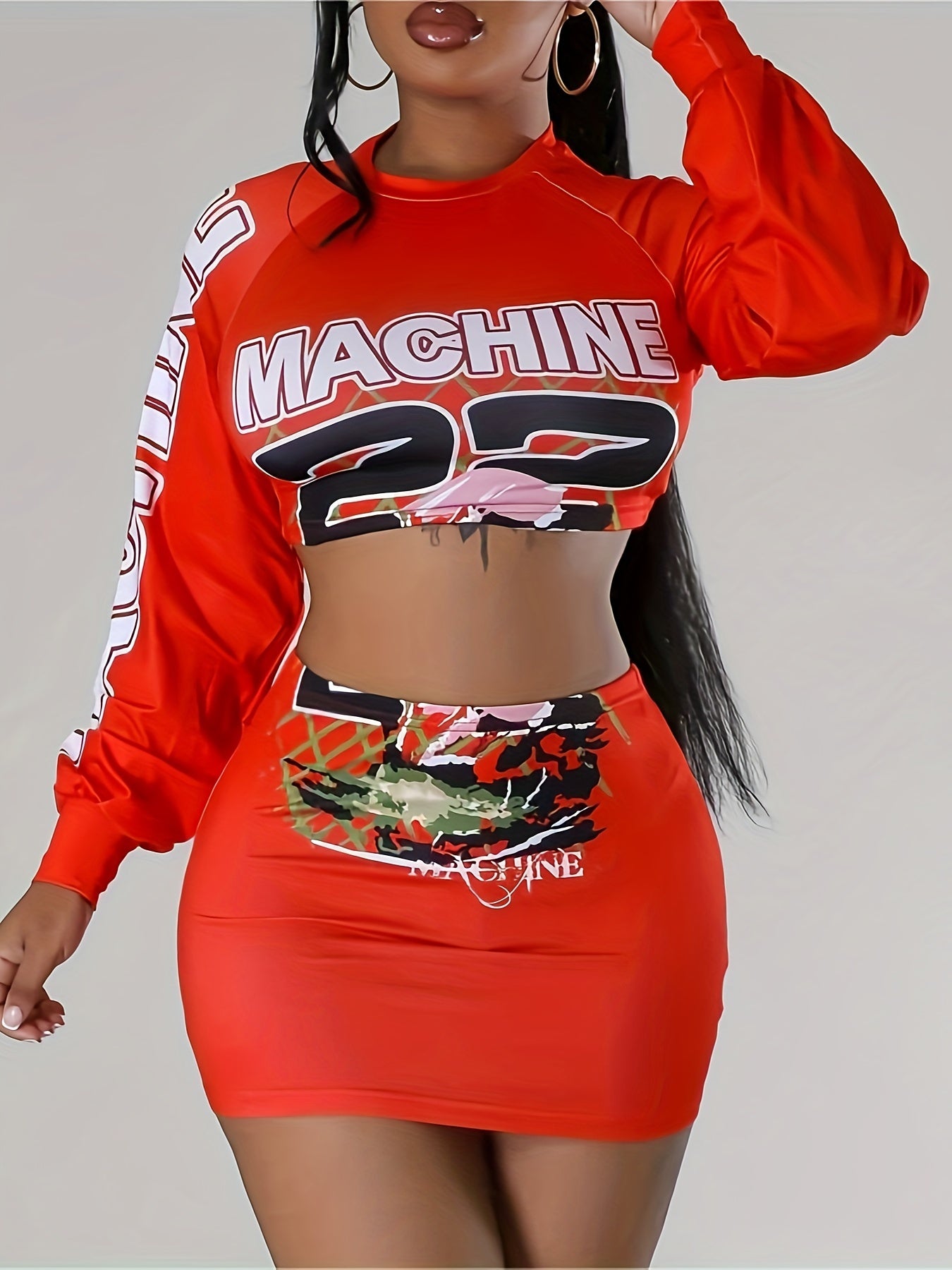 Modern Casualwear] Stylish Red Two-Piece Skirt Set with "MACHINE" Print & Lantern Sleeves - Casual Polyester Blend Crop Top & Mini Skirt, Machine Washable - Perfect for Spring/Fall, Casual Wear Set|Trendy Crop Top|Knit Constr