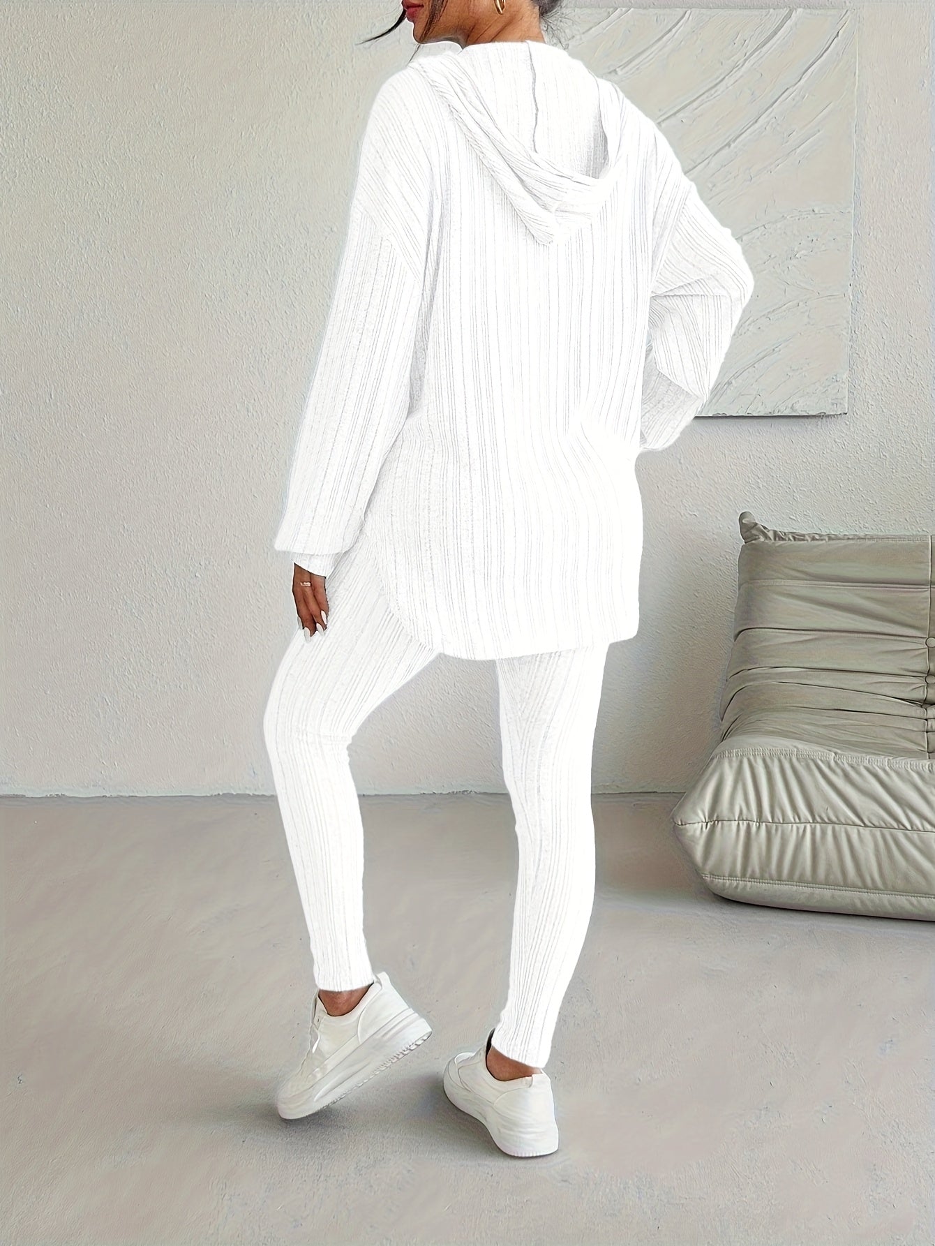 two-piece Ribbed Long Sleeve Hooded Top & Skinny Pants Set for Women, Casual Lounge Outfit