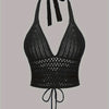 Solid Cross Tie Back Halter Top, Versatile V-neck Backless Crop Knitted Top, Women's Clothing
