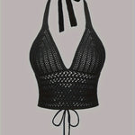 Solid Cross Tie Back Halter Top, Versatile V-neck Backless Crop Knitted Top, Women's Clothing