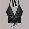 Solid Cross Tie Back Halter Top, Versatile V-neck Backless Crop Knitted Top, Women's Clothing