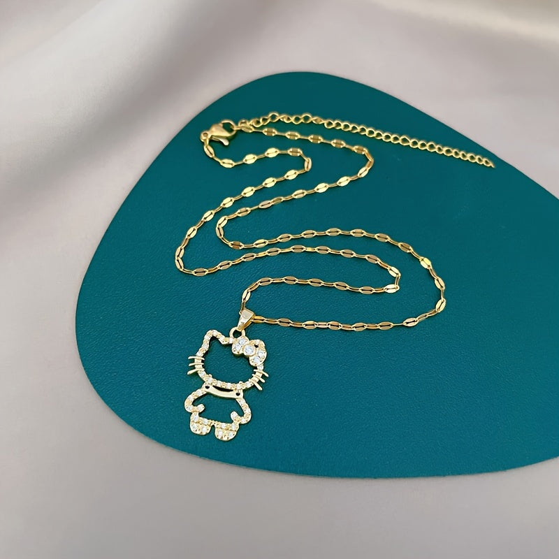 Elegant Sanrio Hello Kitty Golden Pendant Necklace - Chic Stainless Steel with Sparkling Synthetic Gems, Perfect for Weddings & Daily Wear, All-Season Versatile Clavicle Chain