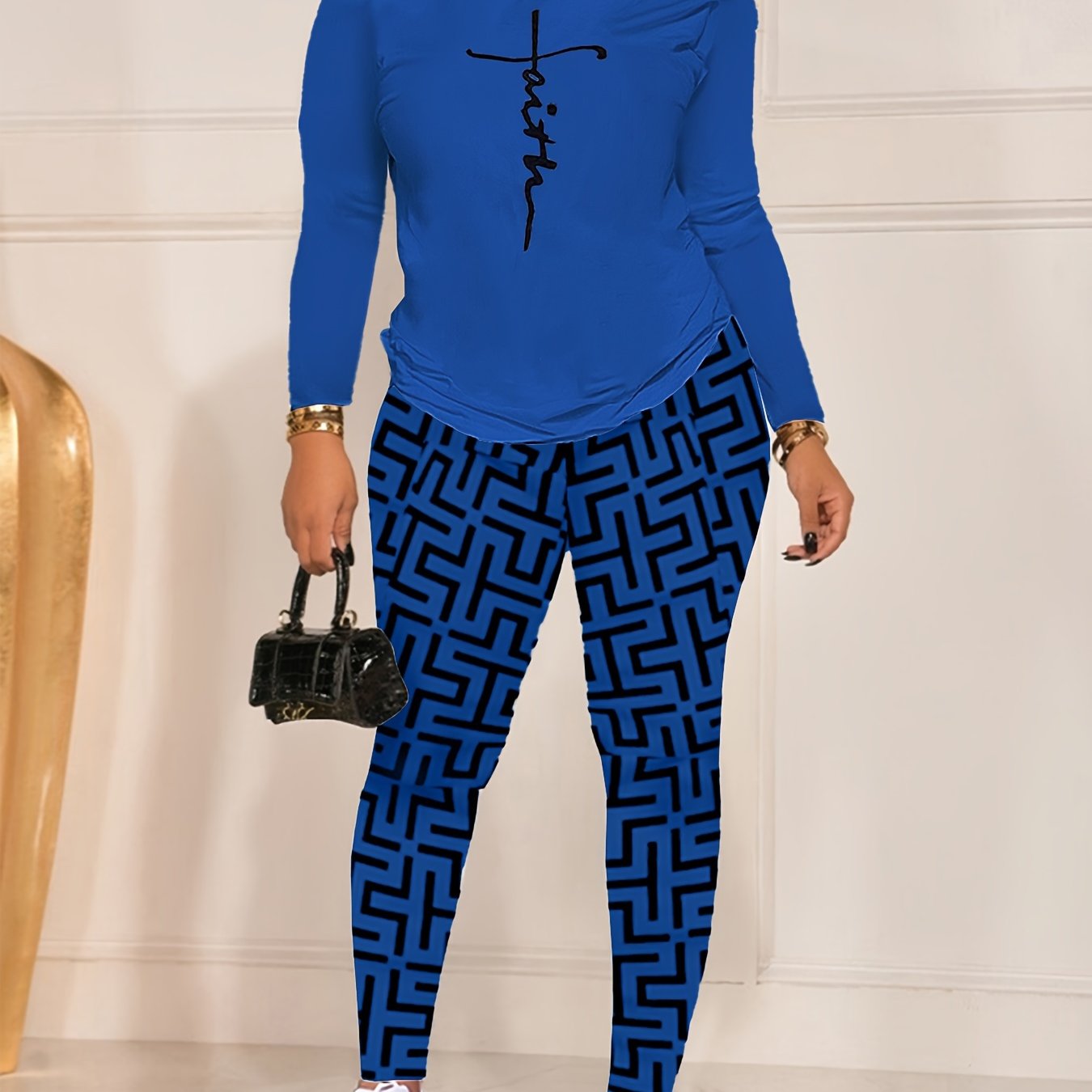 Chic Geo Print Women's Outfit - Casual Long Sleeve Top & Pants Set, Stretchy Polyester Blend, Machine Washable - For Women - Perfect for Everyday Wear  - Great Gift for Fashionable Ladies