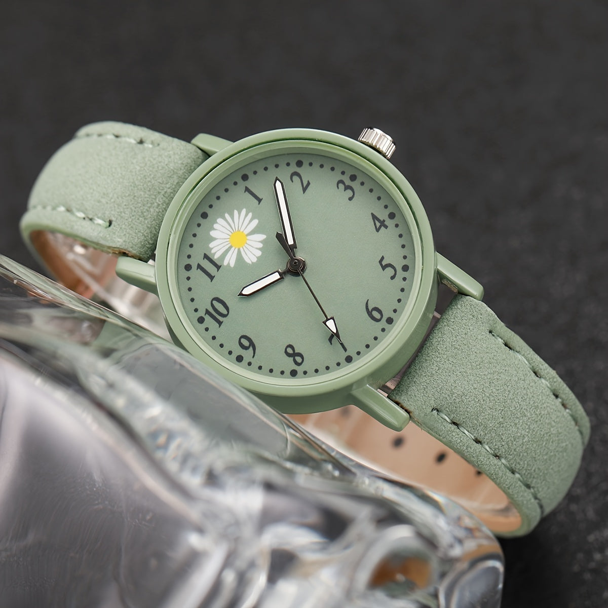 Women's Fashion Fresh Green Digital Flower Dial Quartz Watch + Bracelet 2pcs/set Without Watch Box