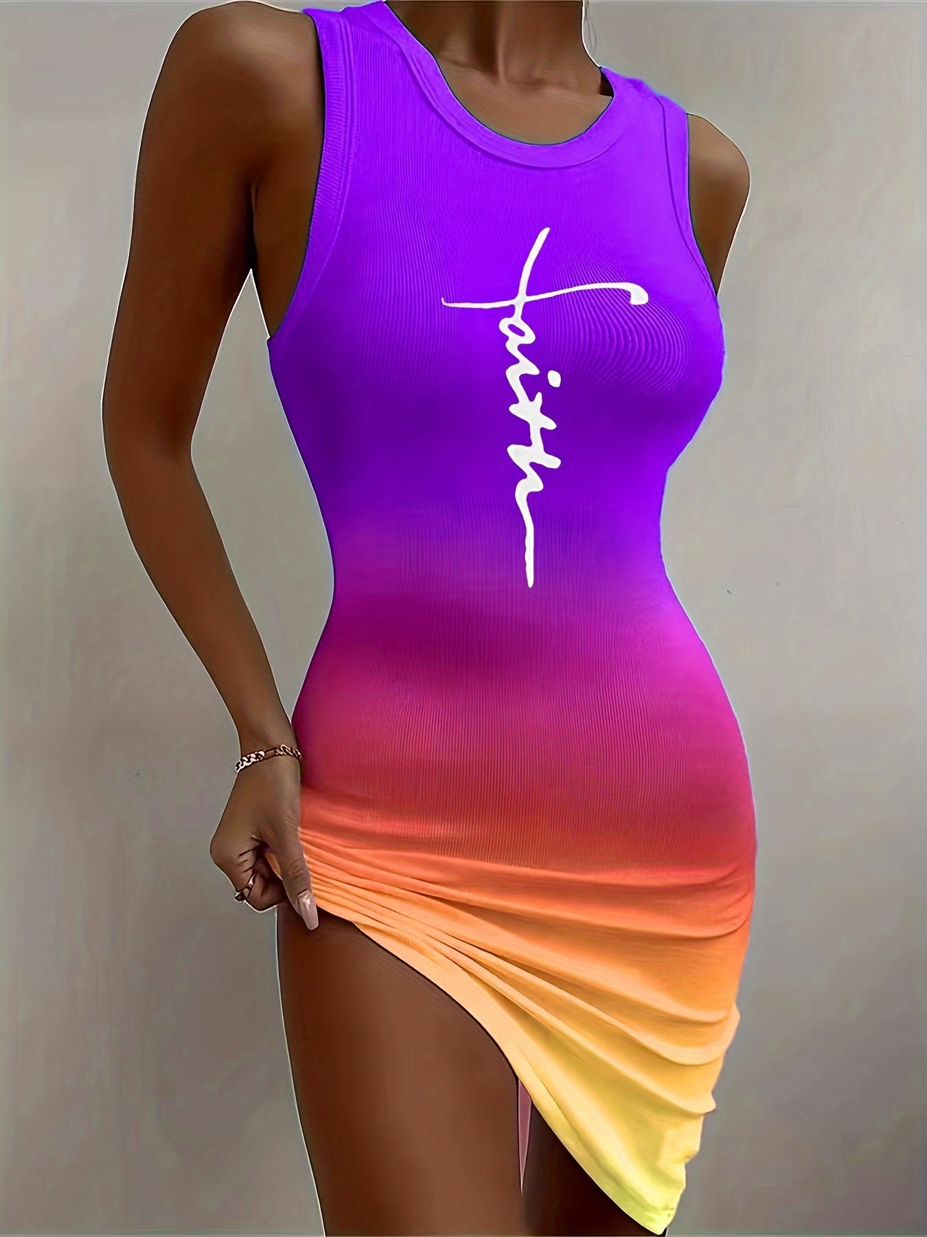 Chic Gradient Print Bodycon Dress for Women - Sexy Sleeveless, Round Neck, Stretch Polyester Fabric - Perfect for Spring & Summer