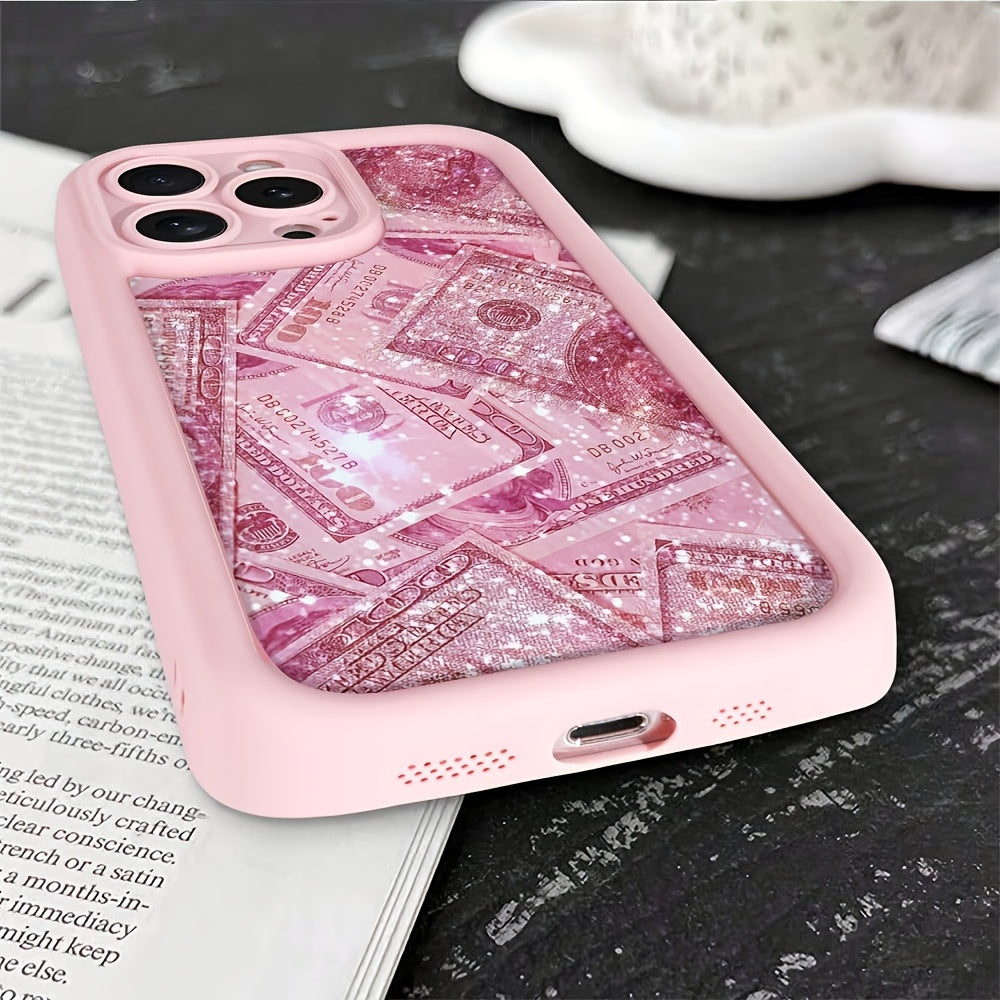 A Shockproof Full Coverage Protective Case Featuring a High Bamboo Pink Rose And Golden Dollar Design, Compatible with Apple Iphone Models 6 Through 16 Pro Max.