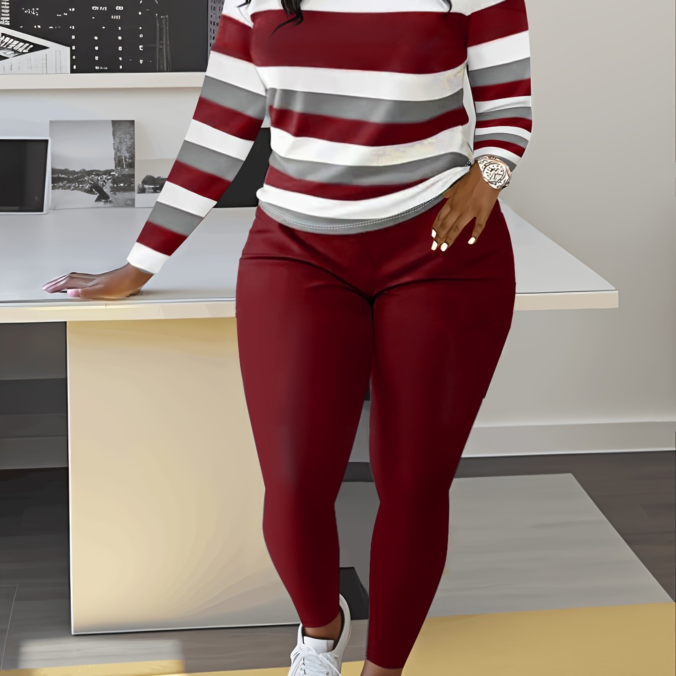 Slim Matching Two-piece Set, Casual Long Sleeve Crew Neck Striped Color Block T-shirt & Solid Elastic Waist Pants Outfits, Women's Clothing