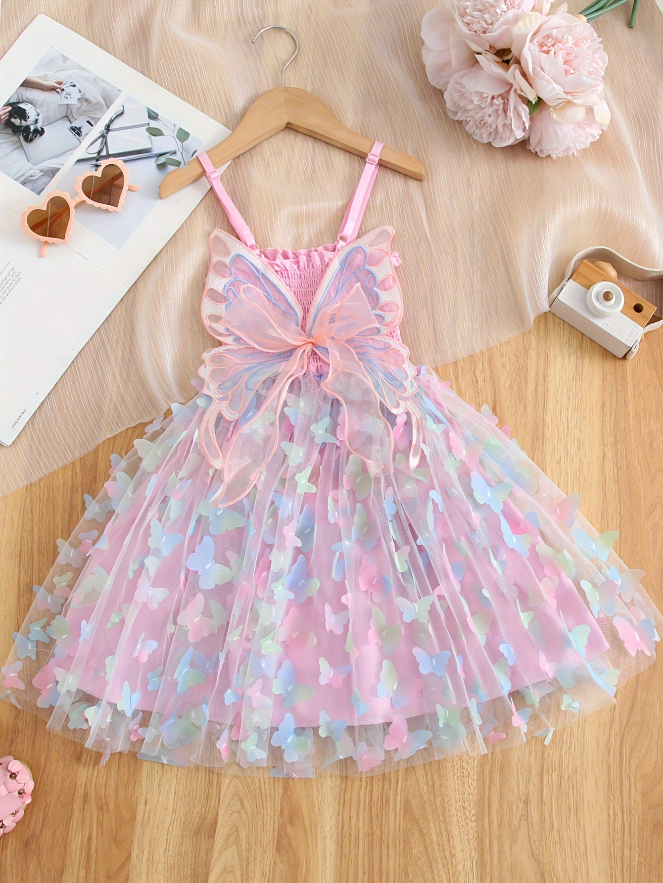 Enchanting Rainbow Butterfly Princess Dress for Girls - Elegant Sleeveless Mesh Tutu with Bow Detail, Perfect for Parties & Birthdays