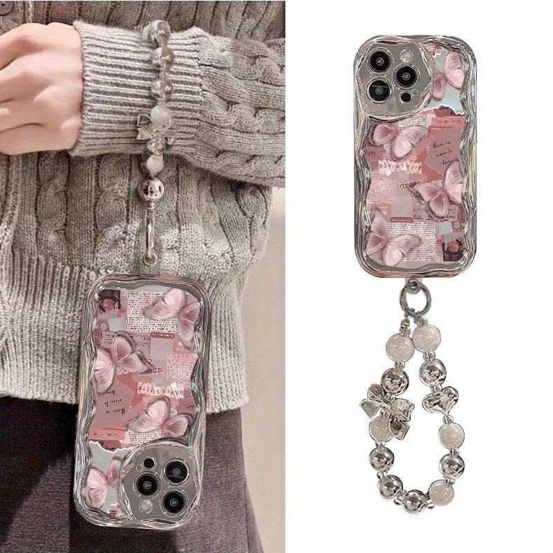 Pink Butterfly And Collage Elements for a Romantic And Sweet Atmosphere, with Silver Bead Chain Phone Case, Suitable for Iphone 11, 12, 13, 14 And 15 Pro Max, 16PLUS