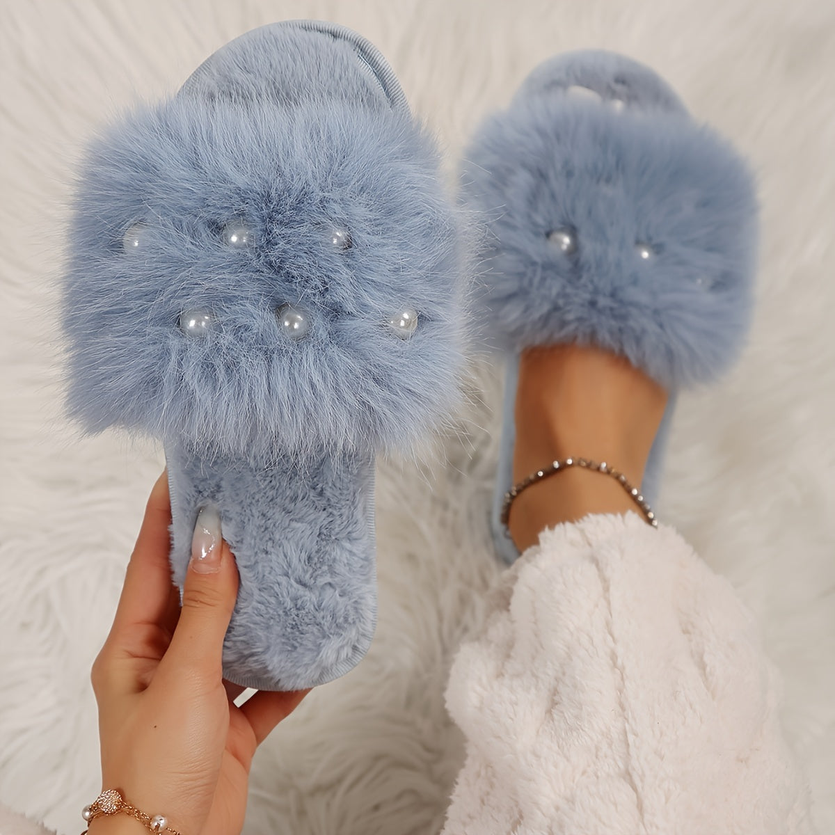 Fuzzy Faux Pearl Home Slippers, Soft Sole Plush Lined Indoor Shoes, Non-slip Floor Mute Slippers, Winter & Autumn