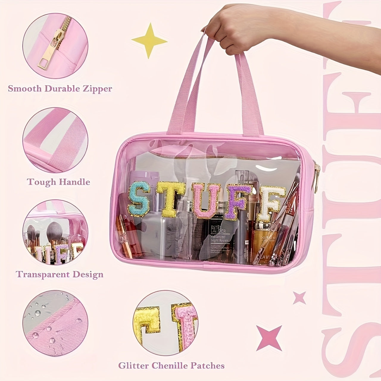 Large Capacity Toiletry Storage Bag, Stylish Transparent Makeup Pouch, Suitable for Travel Cosmetics Storage, Portable Handheld Toiletry Bag.