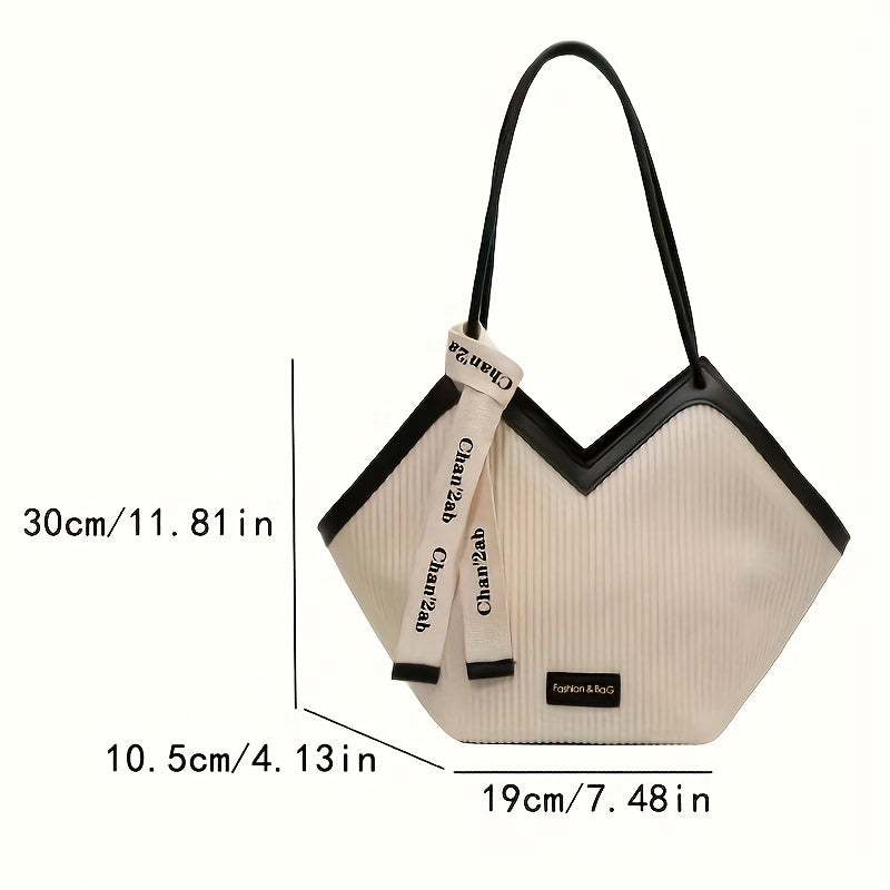 Chic Love-Themed Tote Bag - High-Capacity Beige & Black Design with Ribbon Accent, Versatile for Work and Casual Use, Durable PU Material, Zip Closure