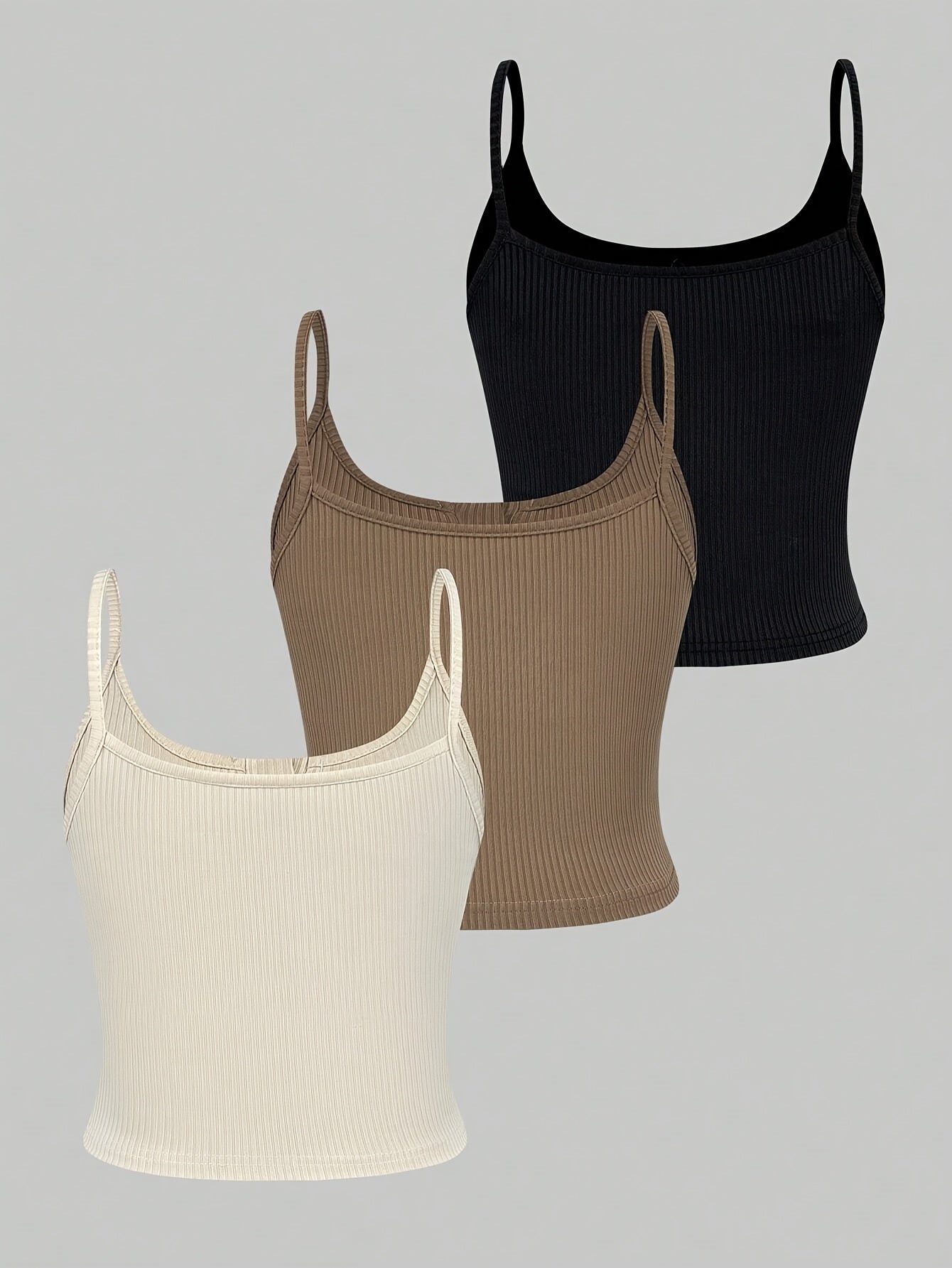 3pcs Set Women'S Knit Polyester Tank Tops with Button Detail, Casual Solid Color Slingback Camisoles, 95% Polyester 5% Elastane, All-Season Spaghetti Strap Tops