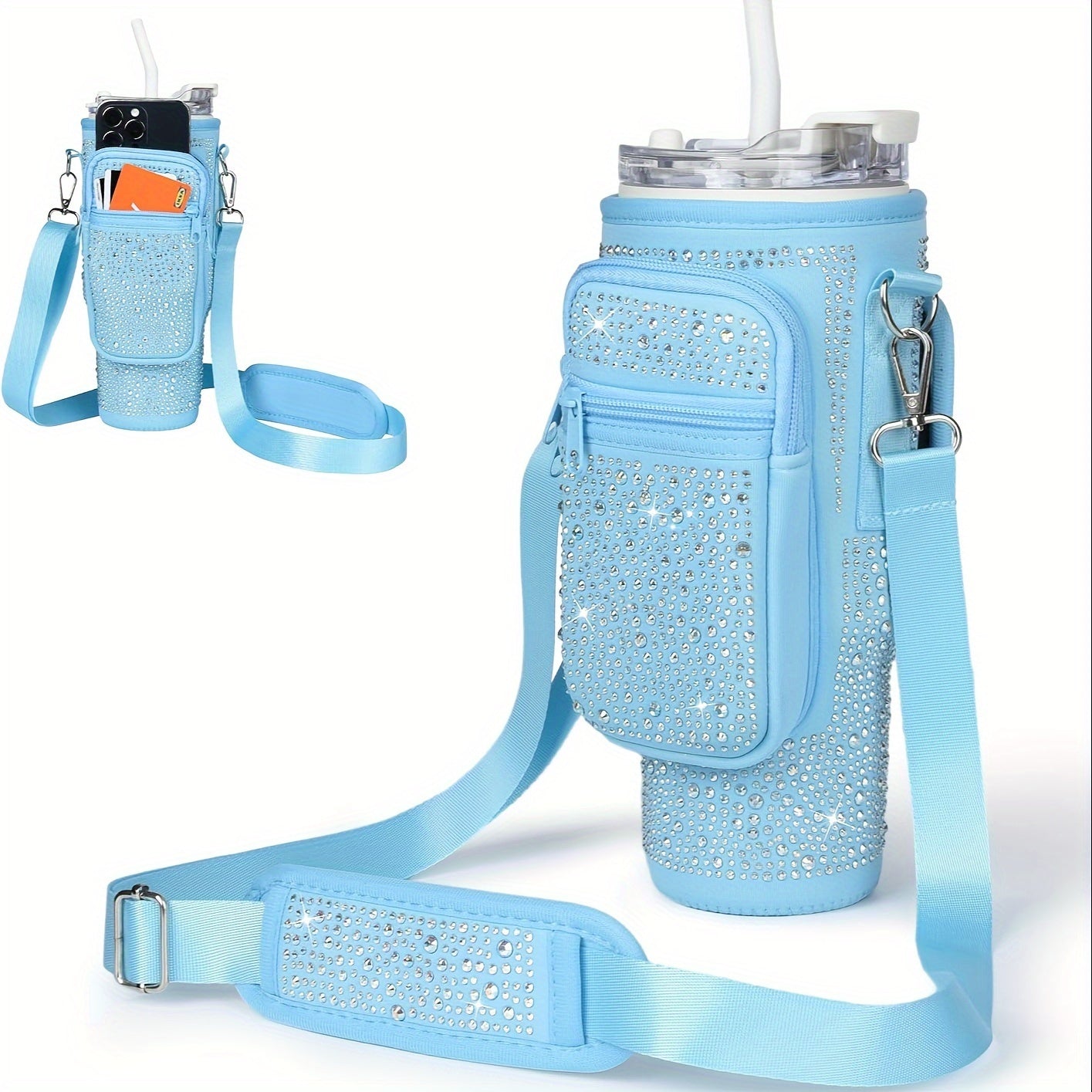[Bling Neoprene Bottle Carrier] Multifunctional Neoprene Water Bottle Carrier - Insulated Sleeve Bag with Phone Holder, Card Slots, Detachable Strap for 40/30 Oz Tumblers - Bling Diamond Design, Key Hook