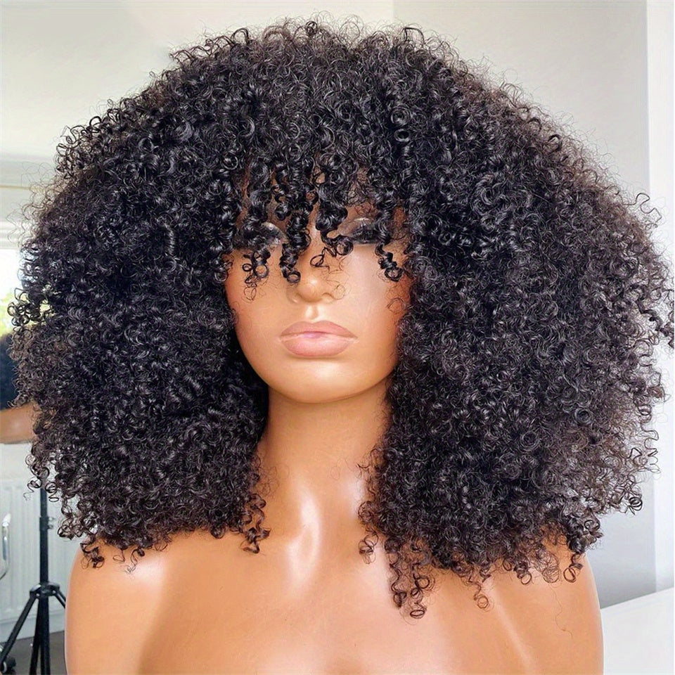 Brazilian Remy Human Hair Afro Kinky Curly Wig with Bangs - Glueless 200% Density Rose Net Cap, Elegant Short Curly Bangs Wig for Women of All Ethnicities, Hair Wig