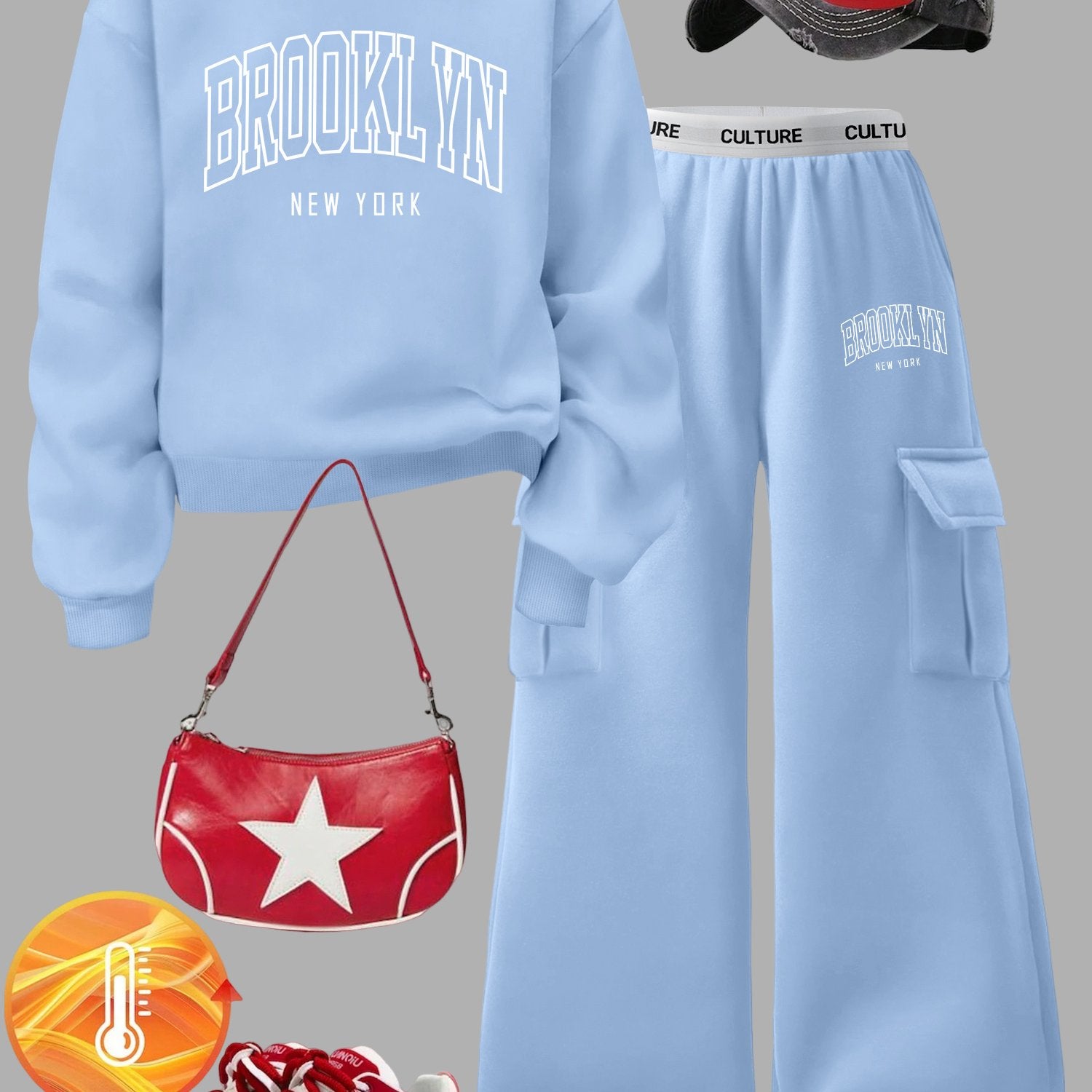 Women's Brooklyn New York Letter Print Sweatshirt Set - Casual Gray Long Sleeve Crewneck & Black Cargo Pants with Pockets, Polyester Blend, Perfect for Fall/Winter