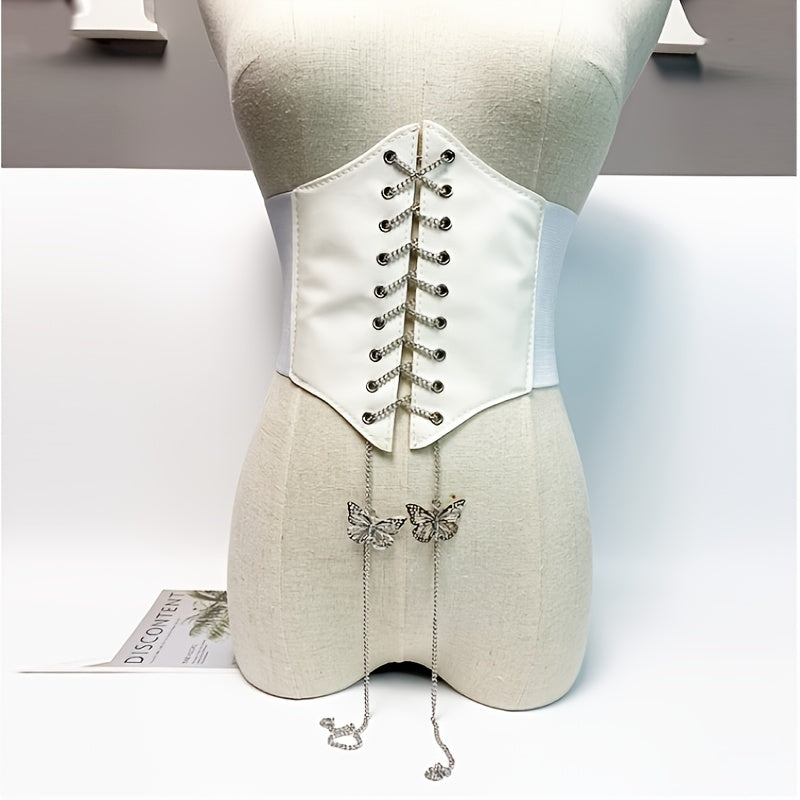 1pc Women'S Wide Court Style Corset Belt with Butterfly Chain Embroidery, Casual Stretchy Faux Leather Waist Cincher, Adjustable Lace-Up Design for Weekend Wear