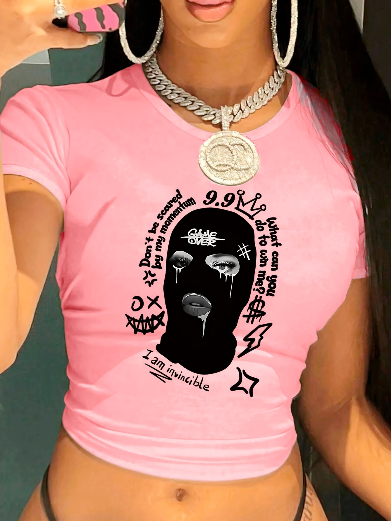 Women'S Y2K Graphic Crop Top T-Shirt - Black Short Sleeve with Unique Black and White Print, Casual Spring/Summer/Fall Wear, Crop Top Blouse
