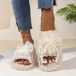 Fashion Bowknot Faux Fur Slippers for Women - Plush Open Toe Home Slip-ons with Pearl Accents, Non-slip EVA Sole, Cozy Fabric Interior