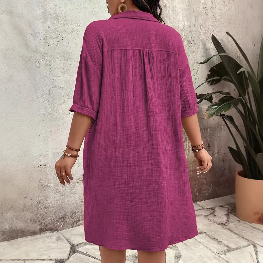 Loose-fitting Casual Cotton-linen Dress With A Turn-down Collar And Three-quarter-length Sleeves