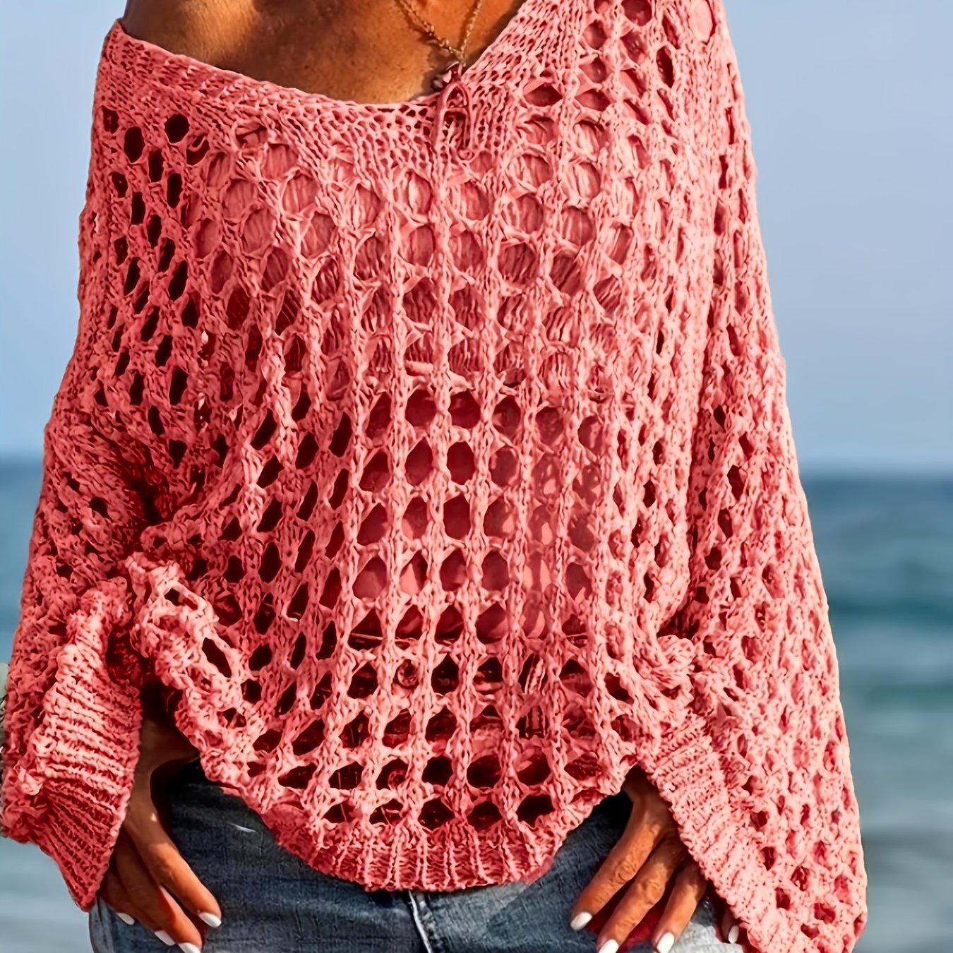 [Beach-Ready] Women's Crochet Knit Top | Long Sleeve | Polyester | Breathable | Casual | Spring & Summer