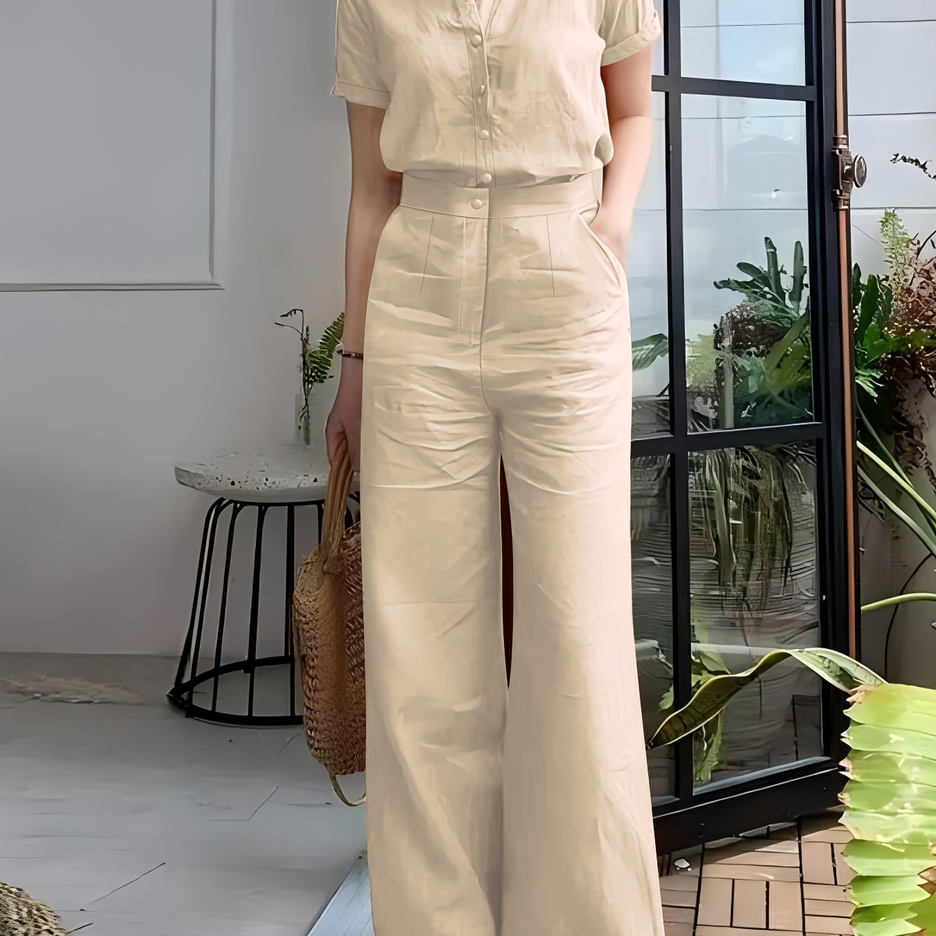 Women'S Solid Color Short Sleeve Shirt and Long Pants Elegant Two-Piece Set