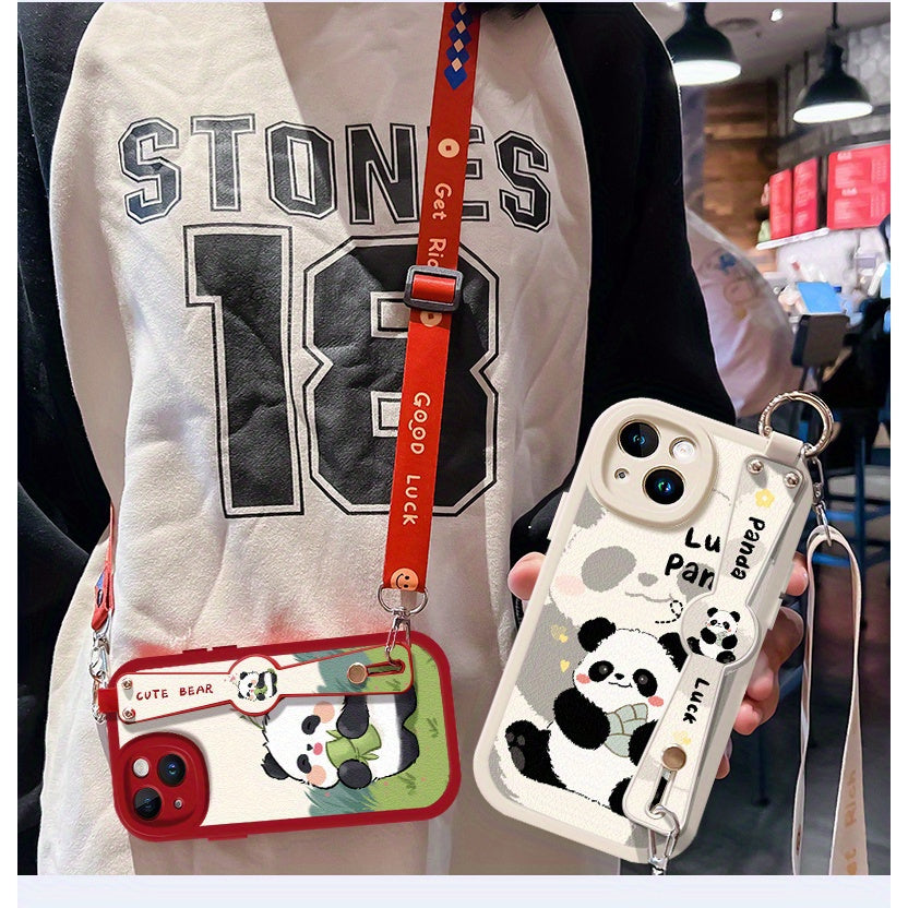 Cartoon Panda Mobile Phone Case iPhone15pro Mobile Phone Case 14 Hanging Neck Full Protection iphone13 Can Be Carried Faux Leather Anti-fall Super Soft Mobile Phone Protection Case Suitable for iPhone 13/14/14/16 Series Cute