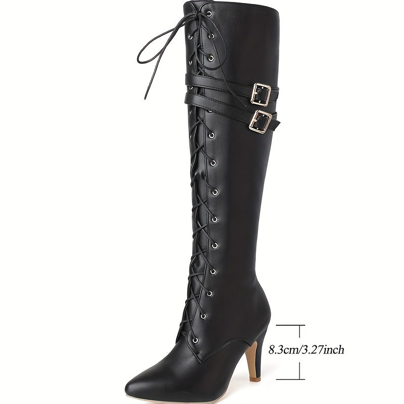1pr Women'S Knee-High Boots - Solid Color, Pointed Toe, Flare Heel, Zipper, Man-Made Upper, Fabric Inner & Insole, Rubber Sole - Fashion High Heel Booties