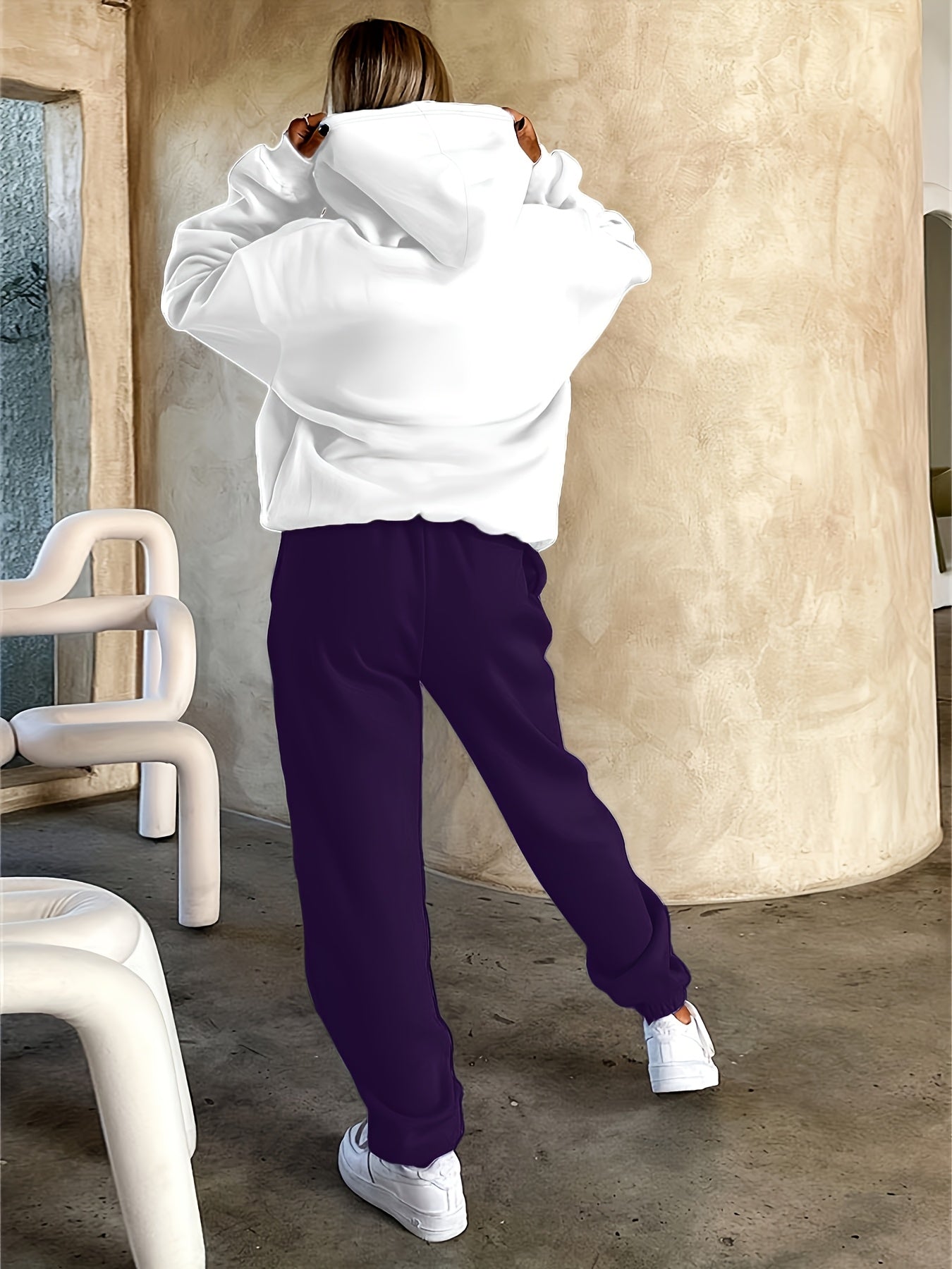 Women's Fashionable Athletic Two-Piece Set: White Hoodie with "THROAT PUNCH" Print & Blue Joggers with Drawstring - Casual, Trendy Streetwear, Polyester, Relaxed Fit Clothing|Playful Graphic Print|Glossy Fabric
