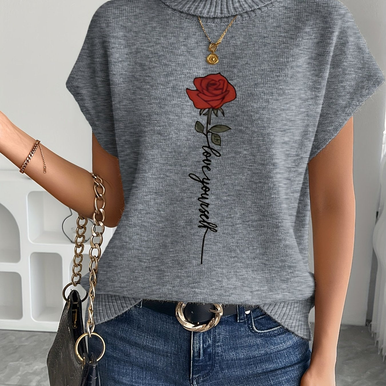Women's Casual Rose Print Sleeveless Knit Vest - Elegant Beige Sweater with High Neckline and Stretchy Fabric, Perfect for Spring/Summer/Fall