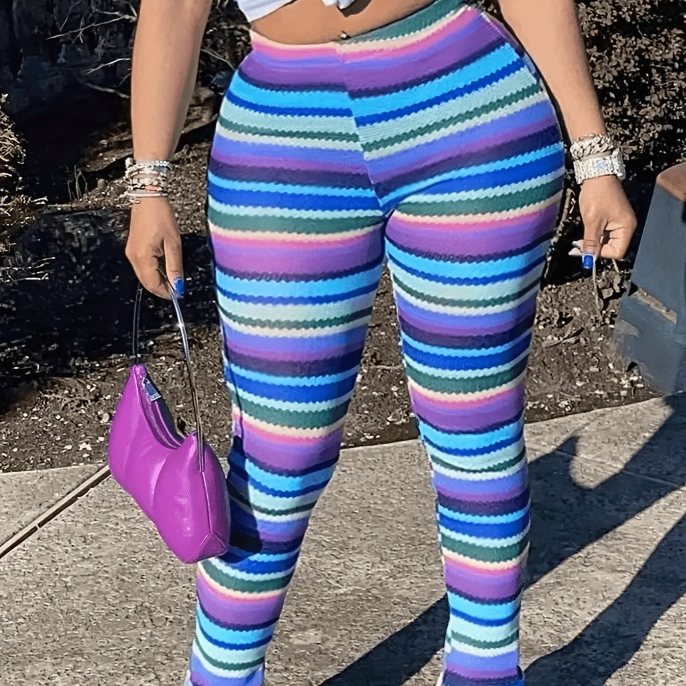 Colorful Striped Skinny Pants - Y2K High Waist Every Day Stretchy Pants - Women's Clothing - Stretchy Fabric - For Casual Wear - Perfect Gift for Fashionable Women