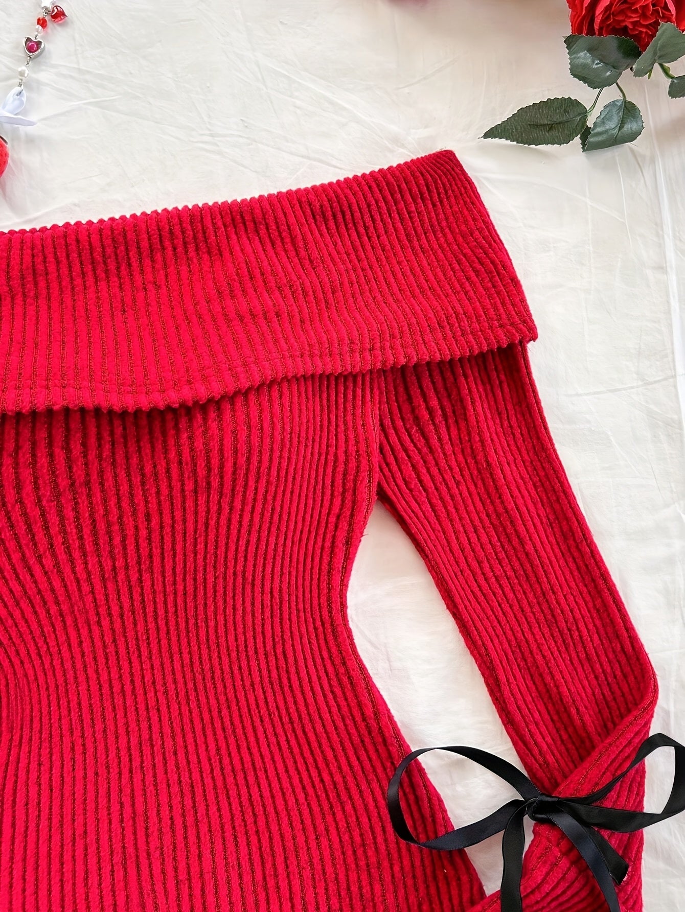 Elegant Direction Women'S New Autumn And Winter Knitted Solid Color Off-Shoulder Long Sleeve Flared Jumpsuit.