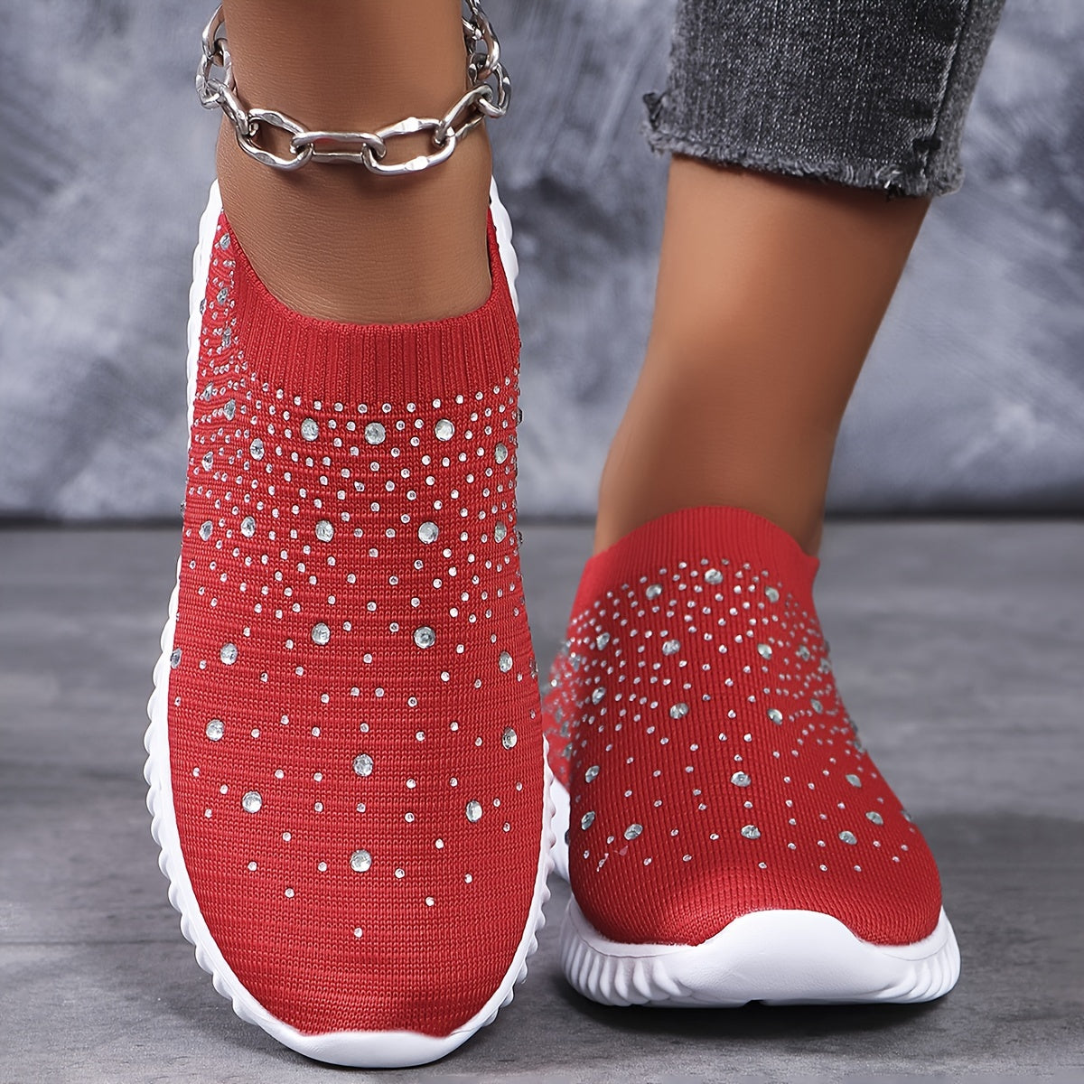 Women's Walking Sneakers With Rhinestone Decor, Breathable Fabric Casual Shoes, Comfortable Athletic Camp Shoes, Slip-on Trainer Footwear With Chunky Sole
