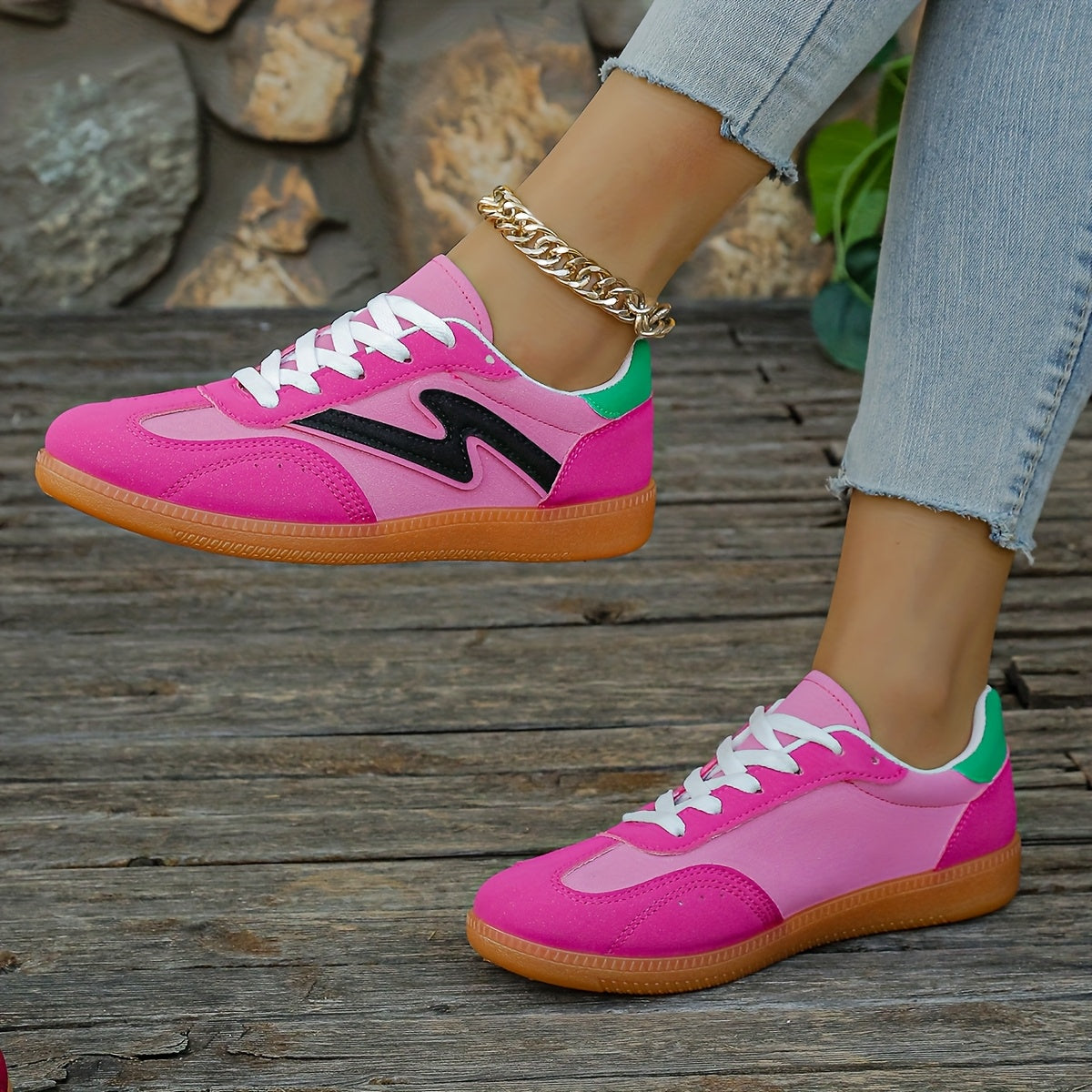 Women's Lightweight Slip-Resistant Casual Sneakers - Vibrant Pink & Black Synthetic Cover Low-Top Shoes with TPR Sole, Breathable Fabric Lining & All-Season Comfort for Casual Attire, Allseason Shoes | Sporty Look | Breathabl