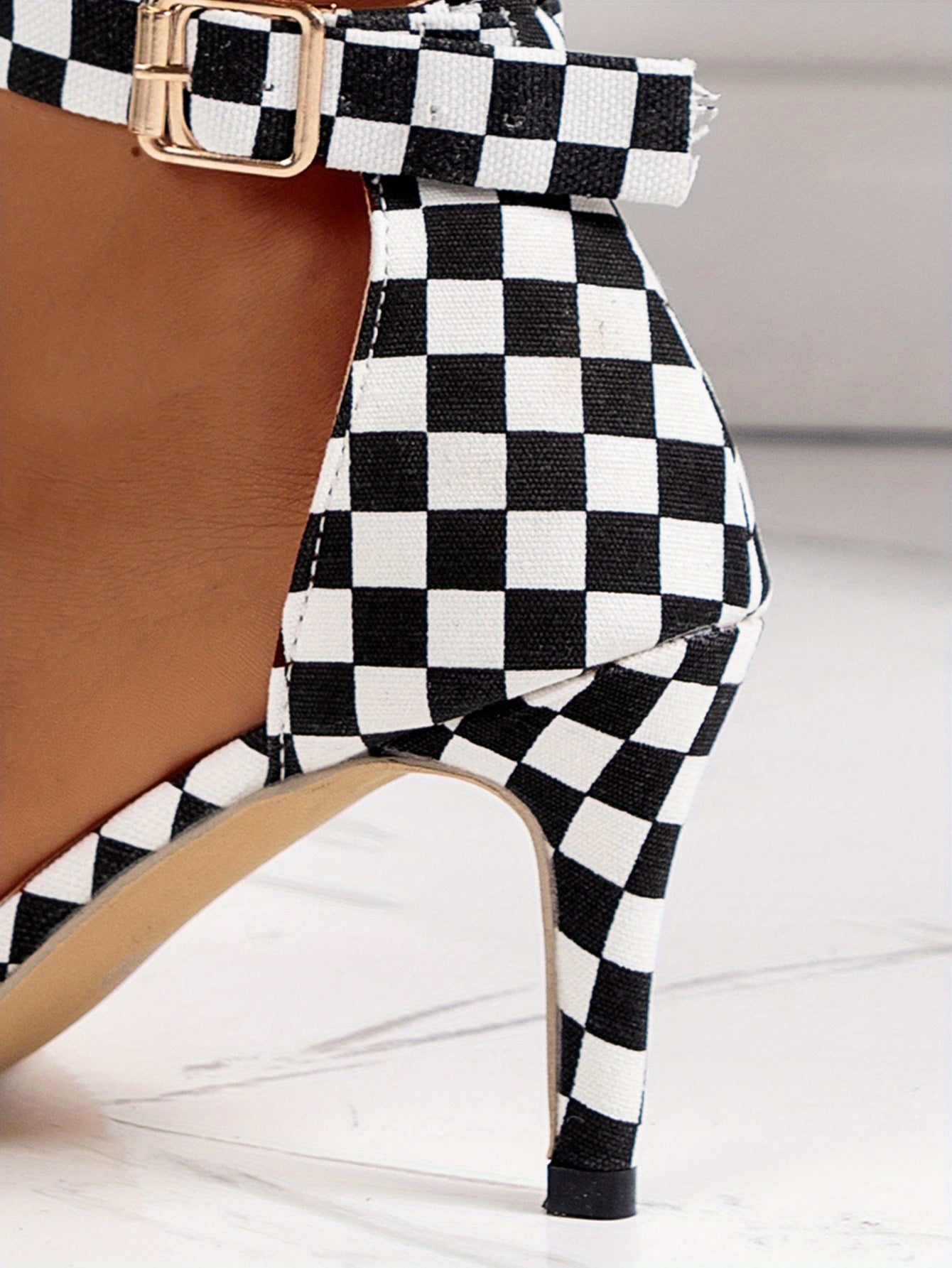 Women's Plaid Pattern Stiletto Heeled Sandals, Trendy Open Toe Buckle Strap Heels, Fashion Dress Pumps