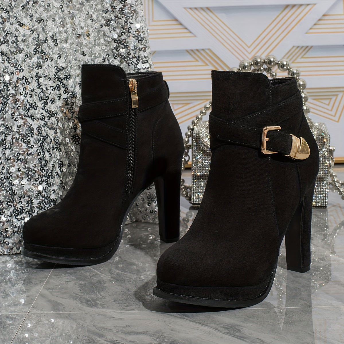 Women's Block Heeled Short Boots, Fashion Buckle Strap Side Zipper Booties, All-Match High Heeled Boots