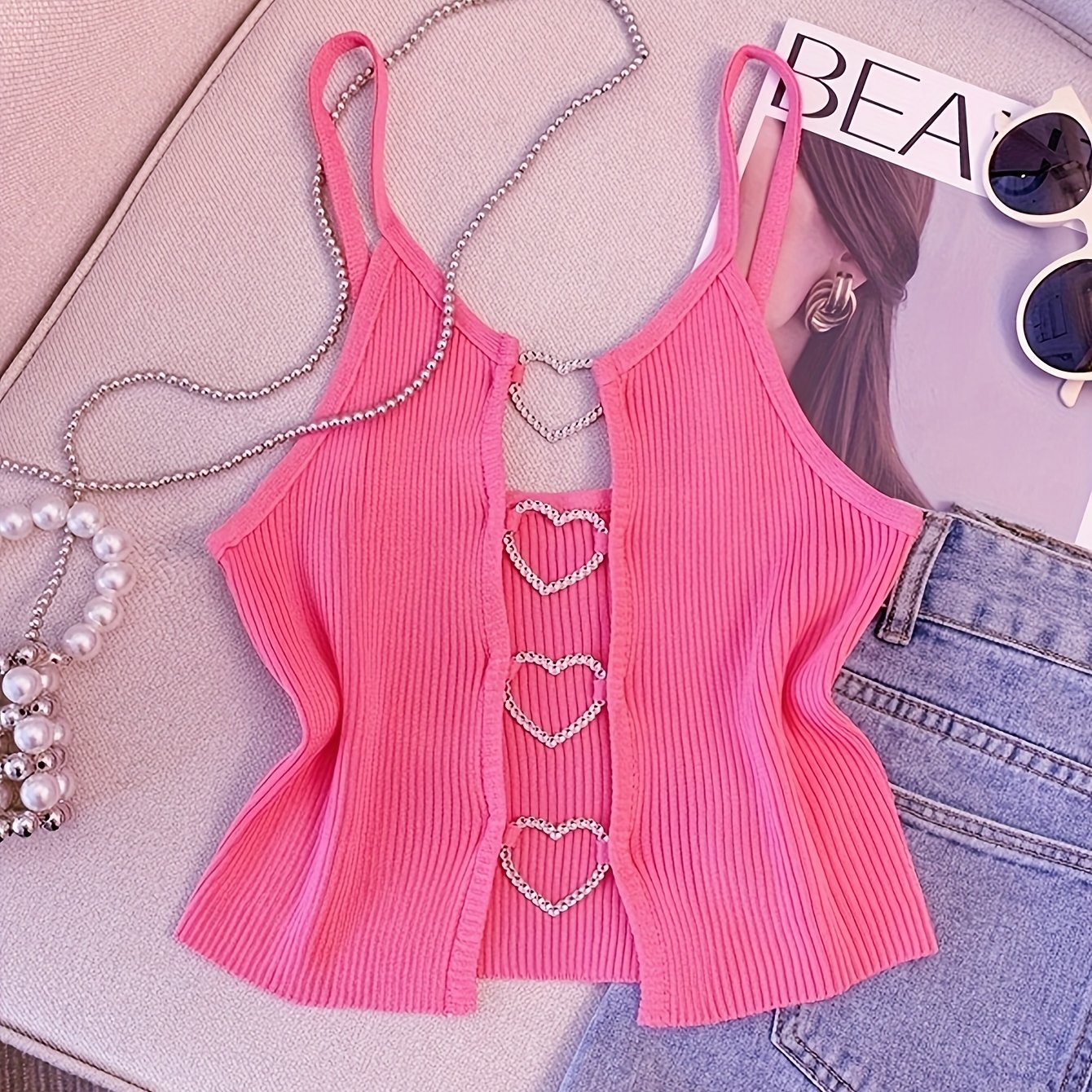 Women's Sexy Sleeveless Ribbed Knit Crop Top with Heart Cutouts & Rhinestone Accents - Vibrant Pink 100% Polyester Summer Casual Top for Spring/Summer Outfits, Ladies Tops And Blouses for Summer